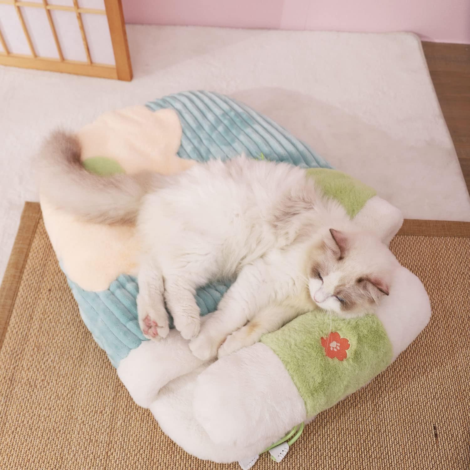 Cute Pet House,Sakura Cat Sleeping Bag with Pillow,Cute Cave Cat Bed,Calming Dog Bed,Soft Warm Cozy Pet Supplies for Cat and Puppies Below 13lbs (Sleepoing Bag)