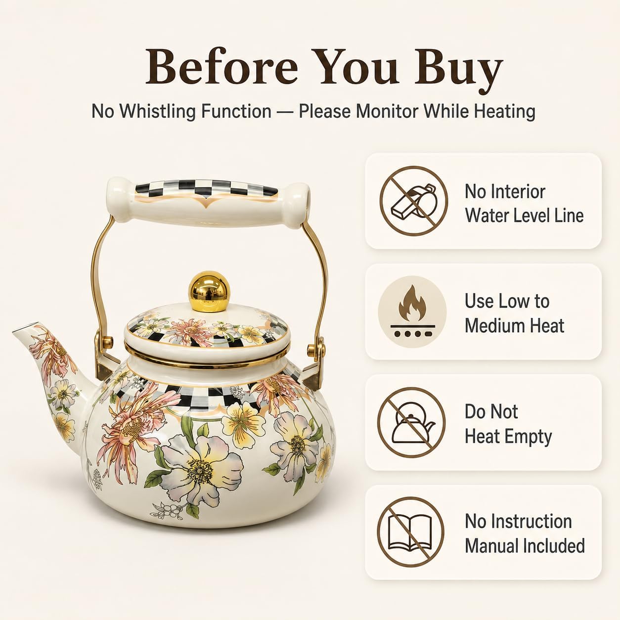 2.5L Floral Enamel Tea Kettle for Stovetop, No Whistling | Works with gas, electric, halogen and induction cooktops; includes 4.13 x 3.34 in silicone glove.