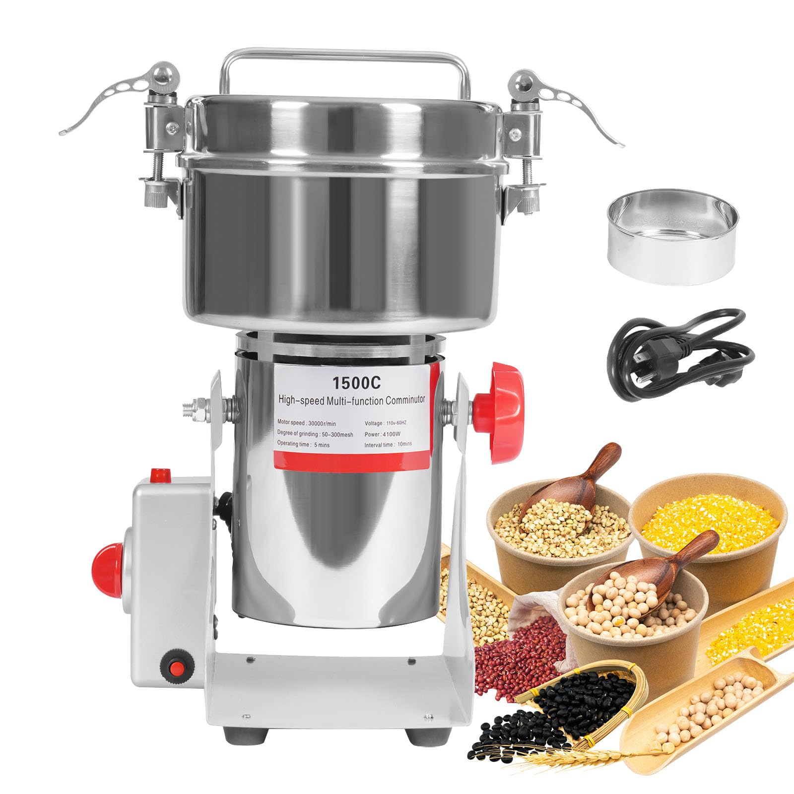 JAYGOVAN?1000g Grain Mill Grinder Electric Stainless Steel Grain Grinder 4100W Commercial Spice Grinders High-Speed Pulverizer Powder Machine for Dry Grains Spices Cereals Coffee Corn Pepper