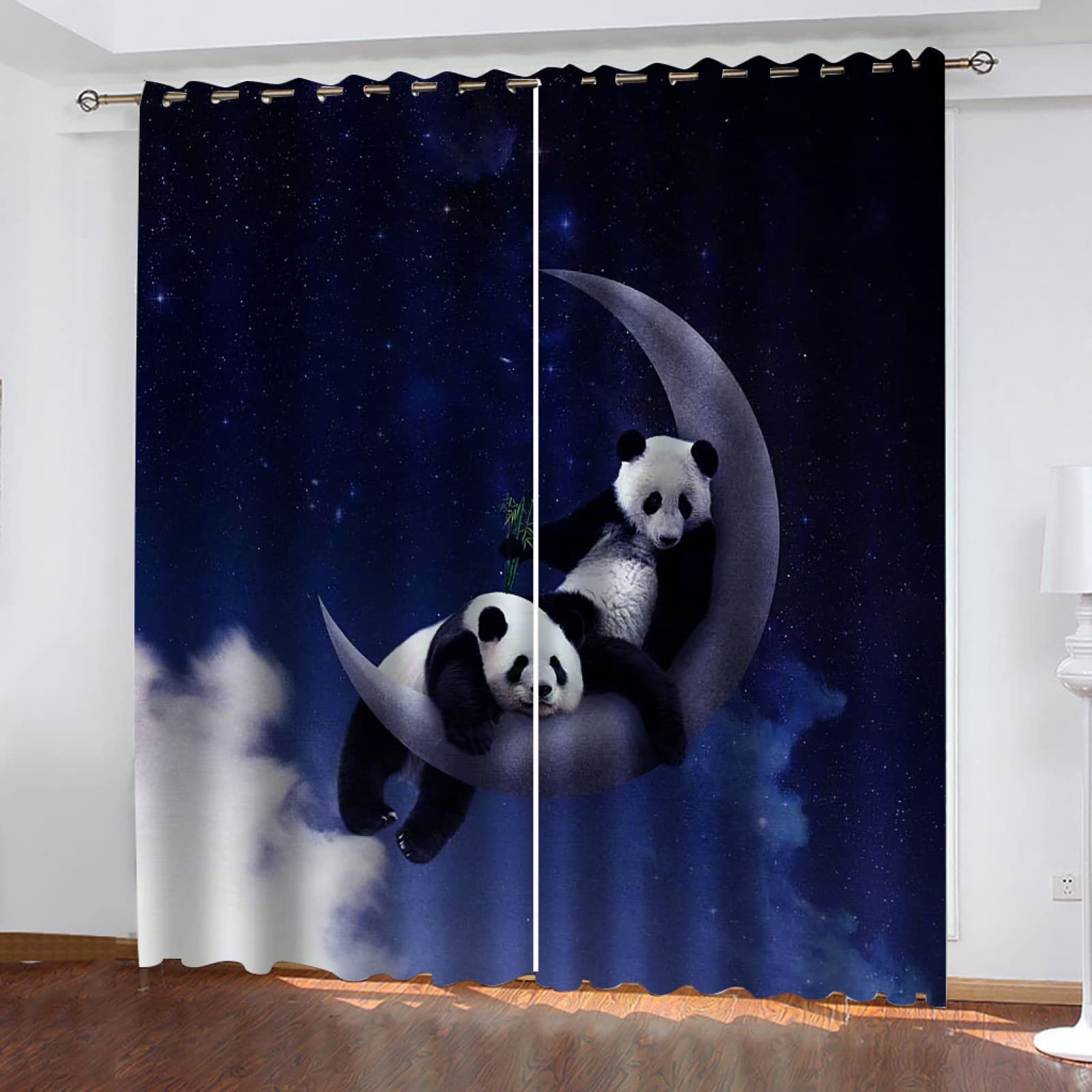 BOVZOX 3D Occultants Rideaux Lune et Panda 2 Pièces x 117 L x 138cm H Oeillets Chambre Isolant Thermique Rideau Grande Largeur Rideau Salon Decoration en Chambre pour Enfant Garcon