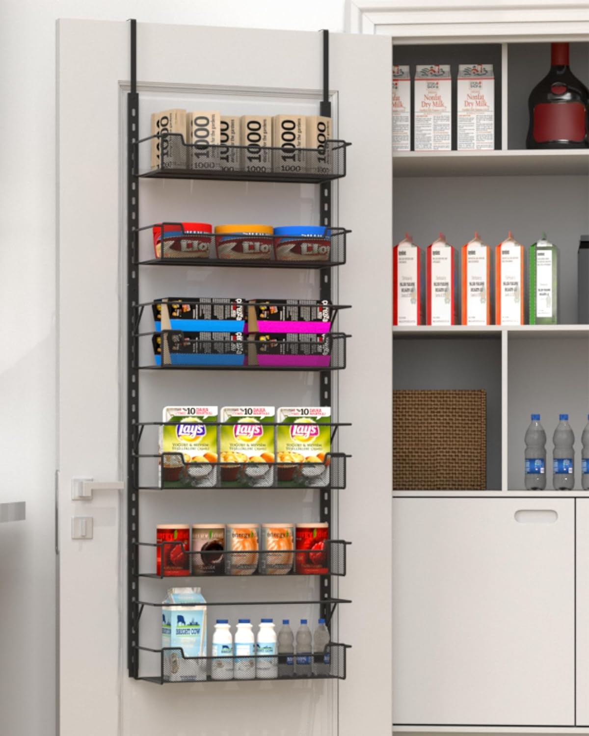Over the Door Pantry Organizer, 6-Tier Over the Door Organizer with Adjustable Basket, Pantry Door Organization for Pantry Kitchen Storage Room Spice Rack, Black Black 6-Tier