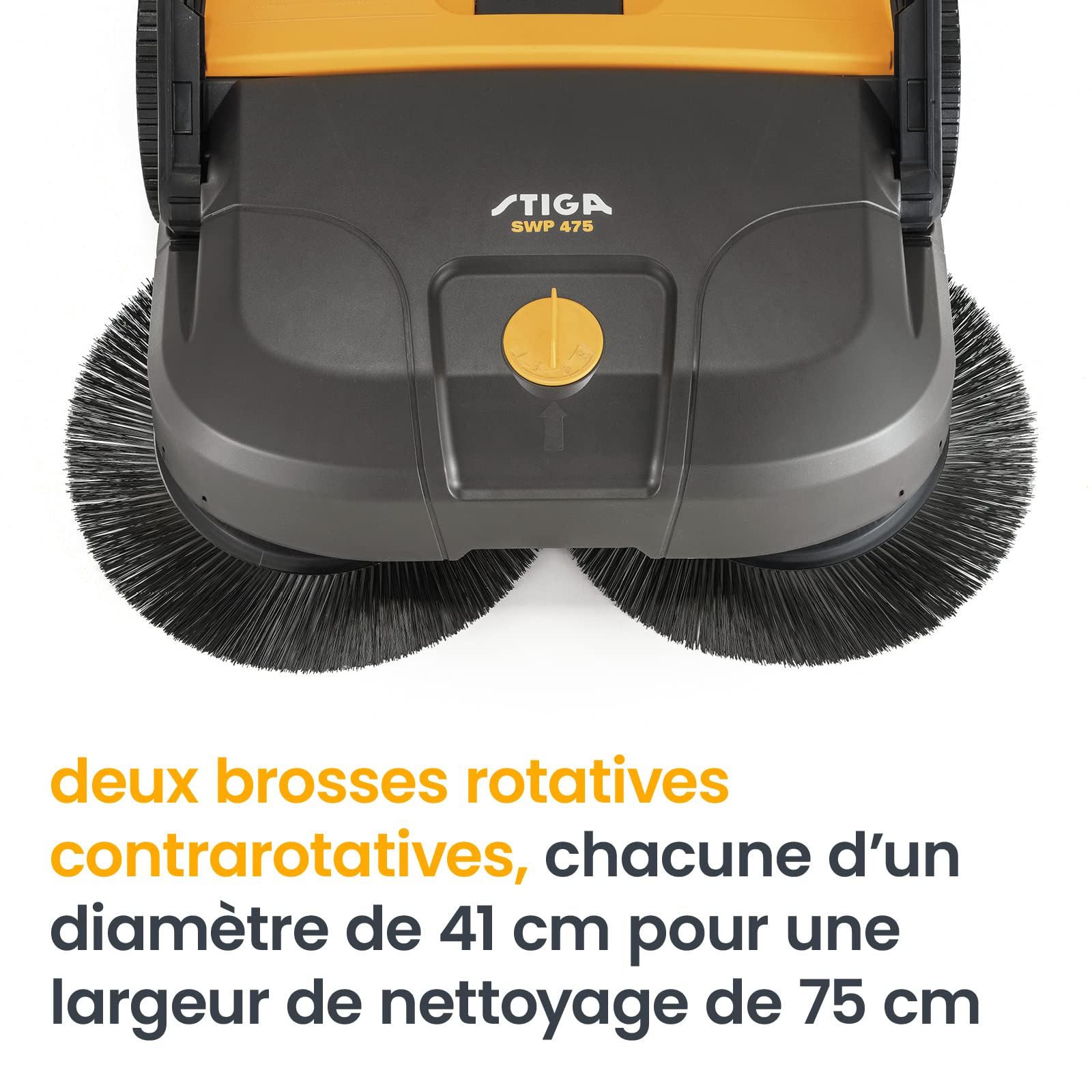 STIGA SWP 475 Balayeuse Poussée, 75 cm, Bac 50 L – Deux Brosses Contrarotatives 41 cm, Réglage 8 Positions – Surfaces Dures Jusqu'à 2 900 m²