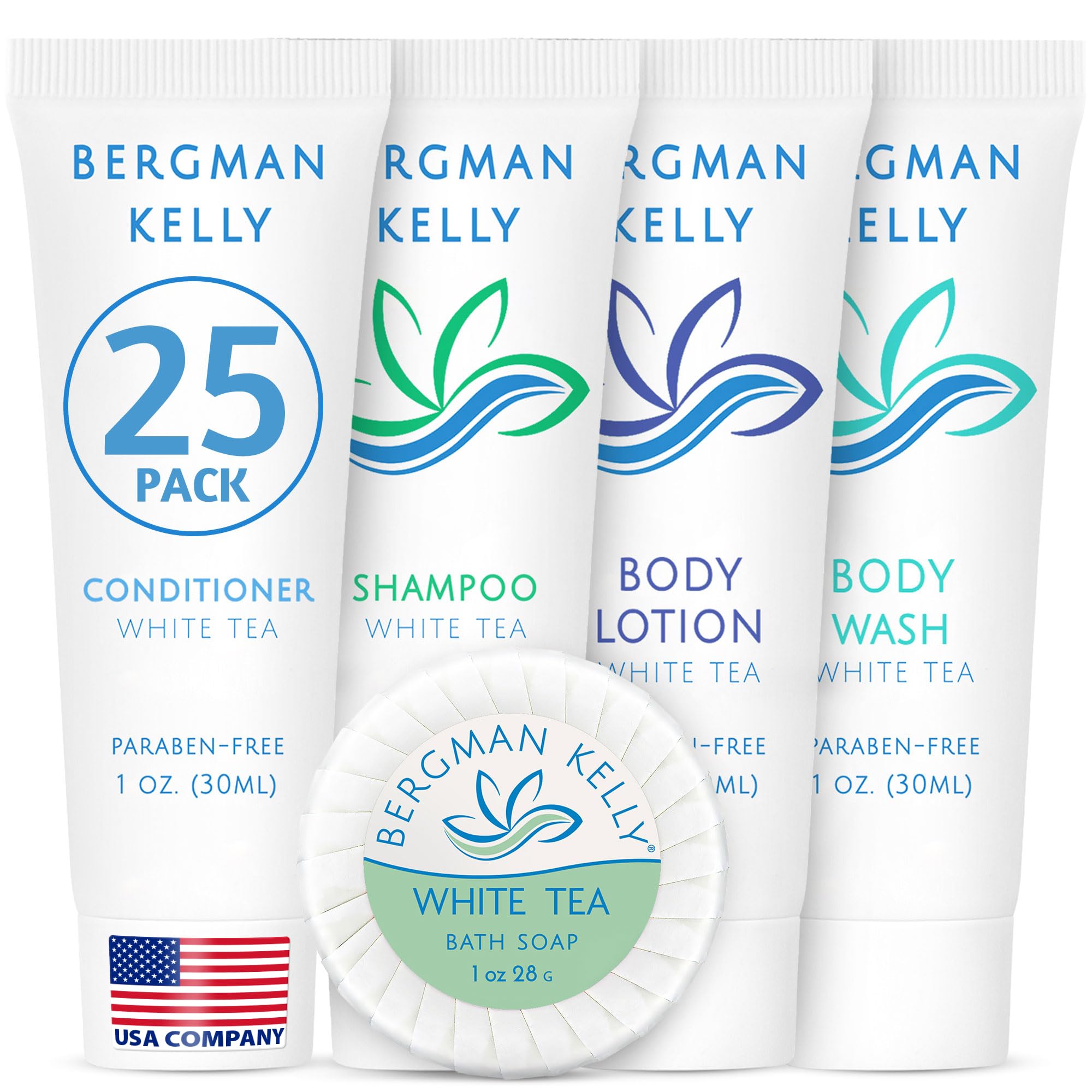 Bergman Kelly - Hotel Toiletries Bundle - White Tea 1 oz each 125 Pieces - 5-Piece Set 25