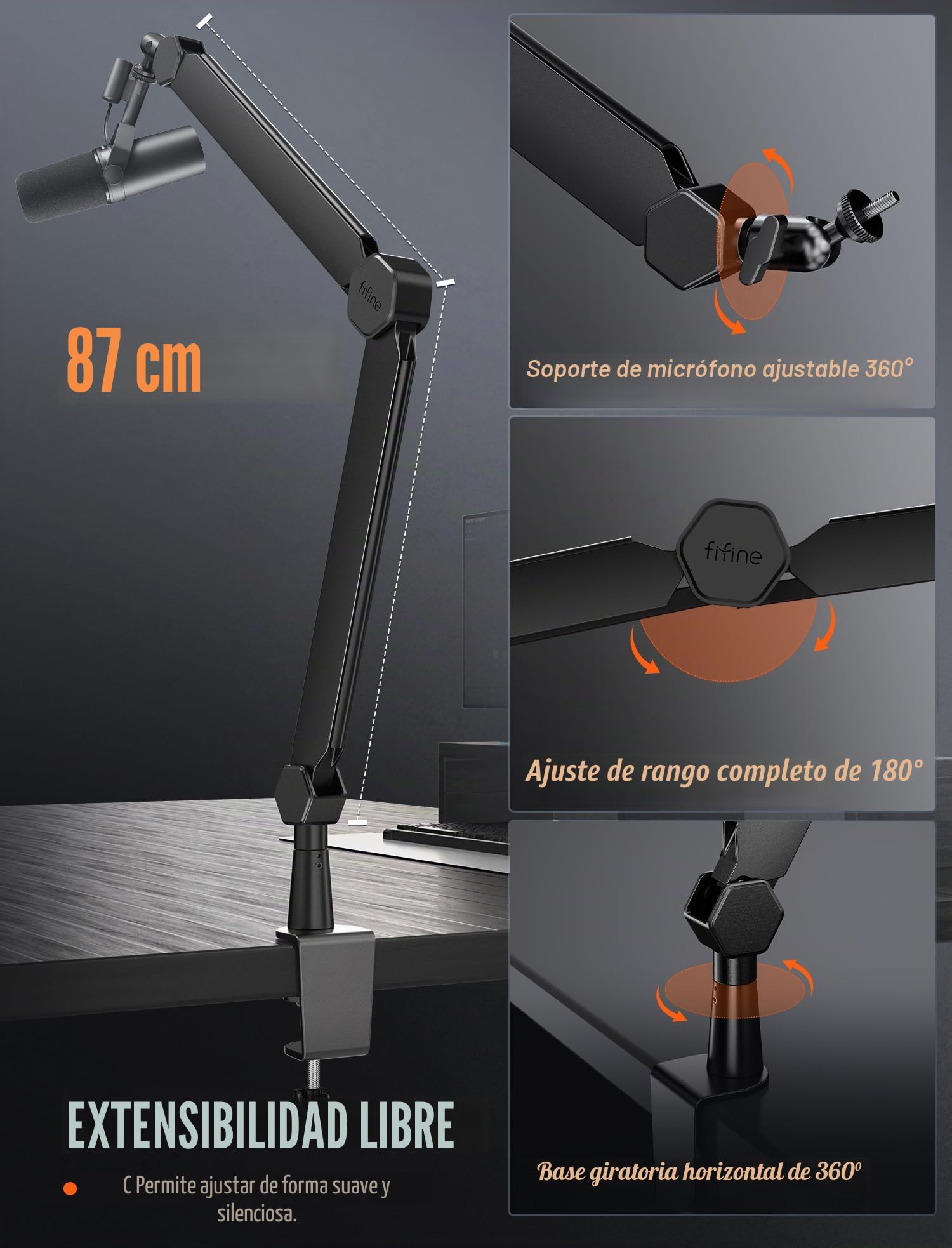 FIFINE Brazo de micrófono, soporte de micrófono con canal de gestión de cables, totalmente ajustable, soporte de micrófono de metal resistente con abrazadera de montaje de escritorio para grabación de