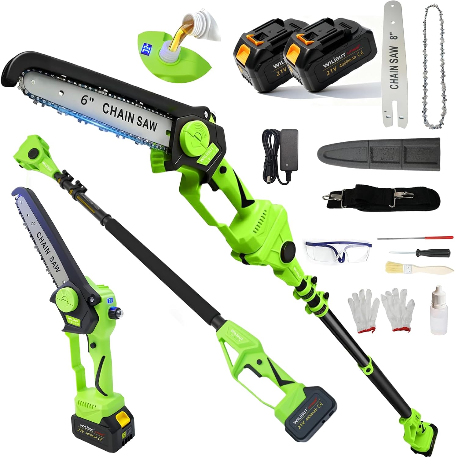 Electric Pole Saws for Tree Trimming, 8" & 6" Mini Chainsaw Cordless with 7.8ft(2.4m) Extension Pole & 2x4.0Ah Battery, 16 Ft Reach, 21V Brushless Battery Powered Limb Branch Cutter Pruner