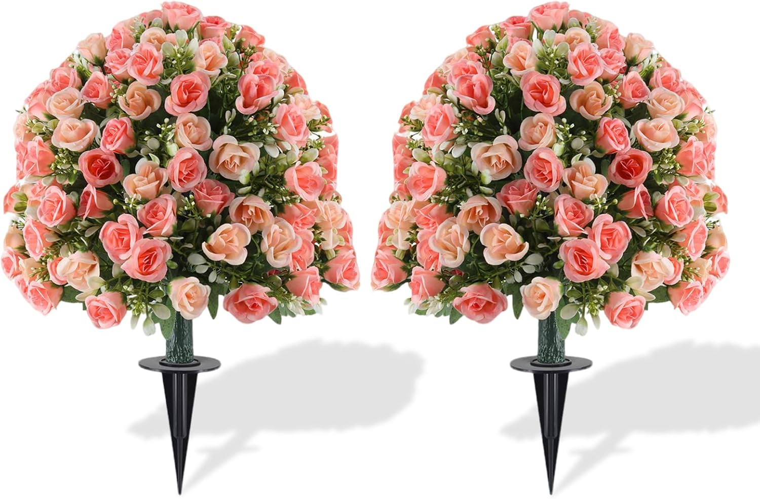 Set of 2 Artificial Topiary Ball Trees with Rose Flowers, 24" Fake Boxwood Shrubs for Outdoor with Ground Spike, UV Resistant No Fade Faux Greenery Plants for Indoor Garden, Patio, Porch (Orange)
