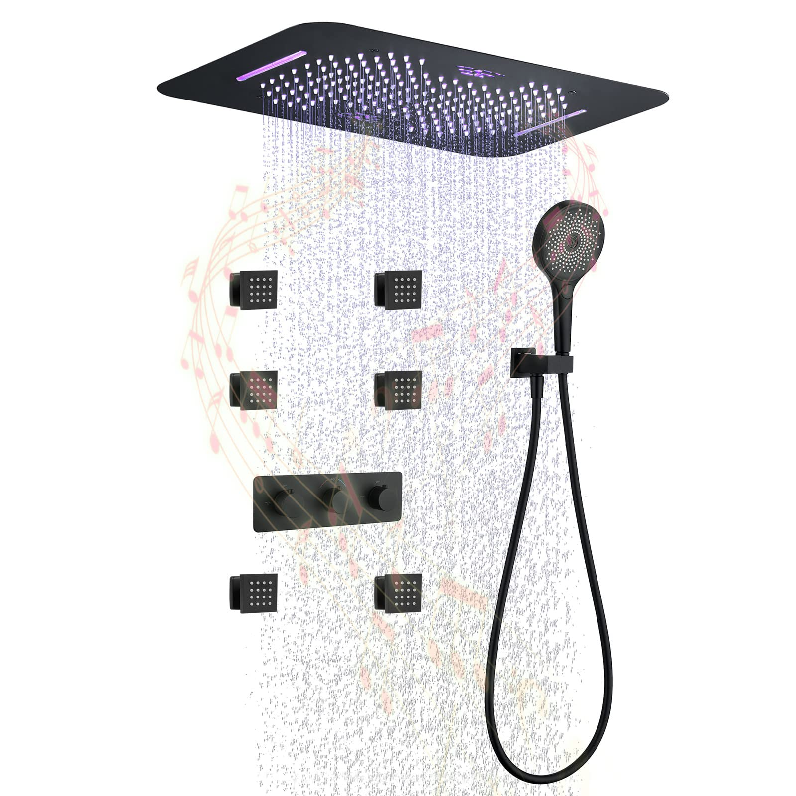 Termostatyczny system prysznicowy, zestaw prysznicowy z muzyką Bluetooth, 58 x 38 cm, system prysznicowy z deszczownicą ręczną, 6 zestawów armatury spa Body Combo