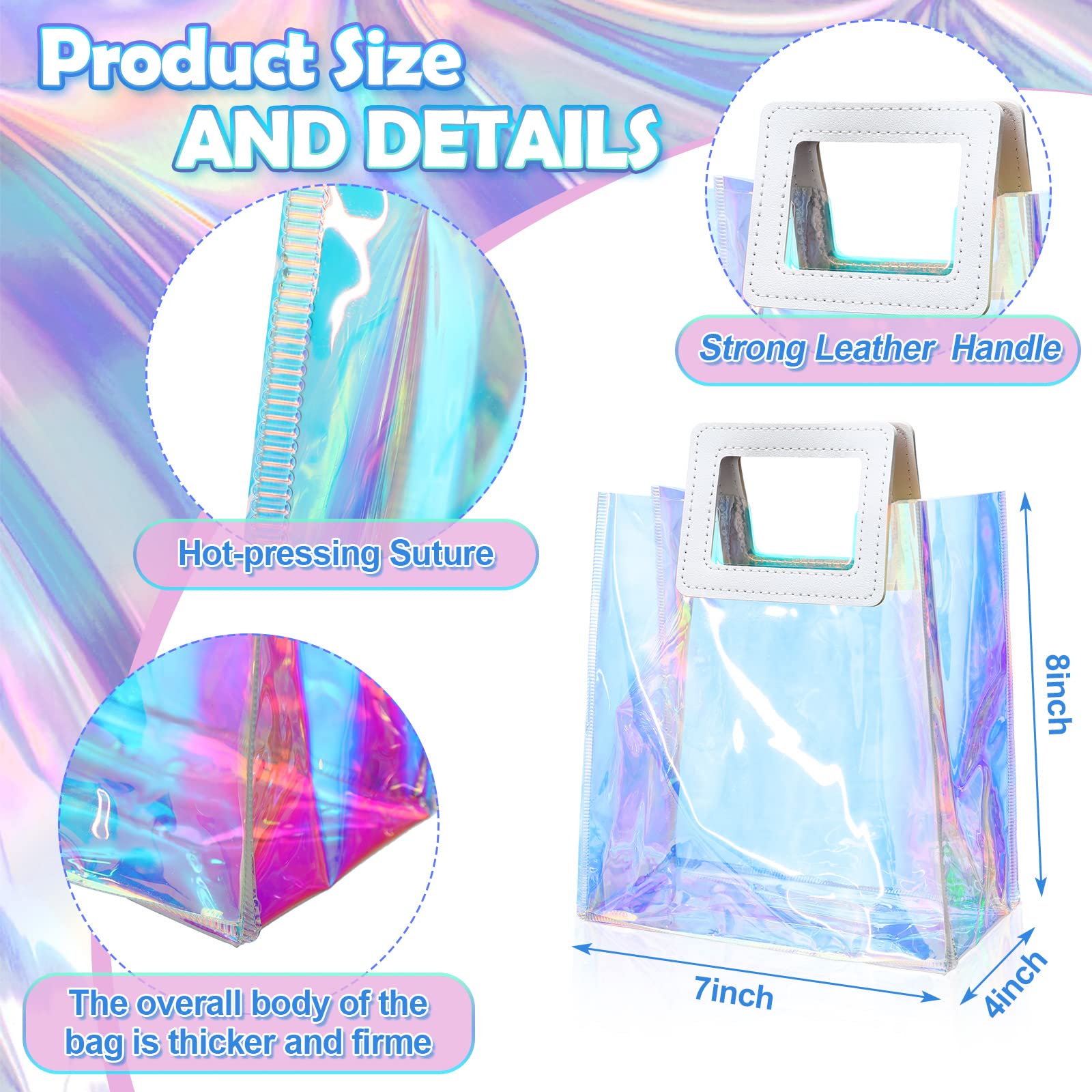 Cindeer 20 Pack Iridescent Gift Bags with Handles - Clear Holographic Tote Bag, Goodie, PVC Gift Wrap for Party, Birthday, Wedding, Baby Shower, Bridal Party Favor(7 x 4 x 8 Inch)
