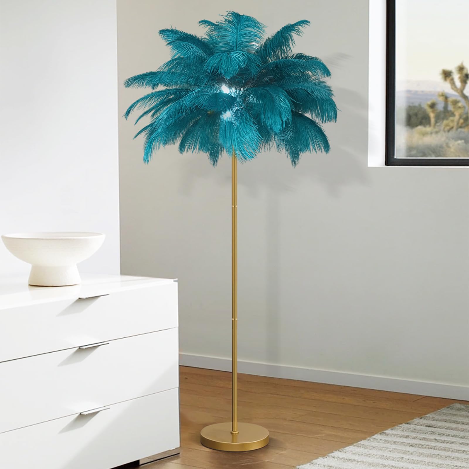 JAMCHE Blue Feather Floor Lamp for Living Room Feather Lamp 3 Color Temperatures 1.6m Standing Lamp Tall with Foot Switch Golden Lamp Body Tall Lamps for Living Room Bedroom 6 LED Bulb (Blue)