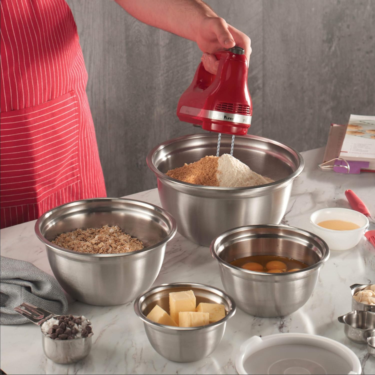 Juego de cuencos de acero inoxidable con tapas, esenciales de cocina para el hogar, artículos esenciales para hornear, 5 piezas