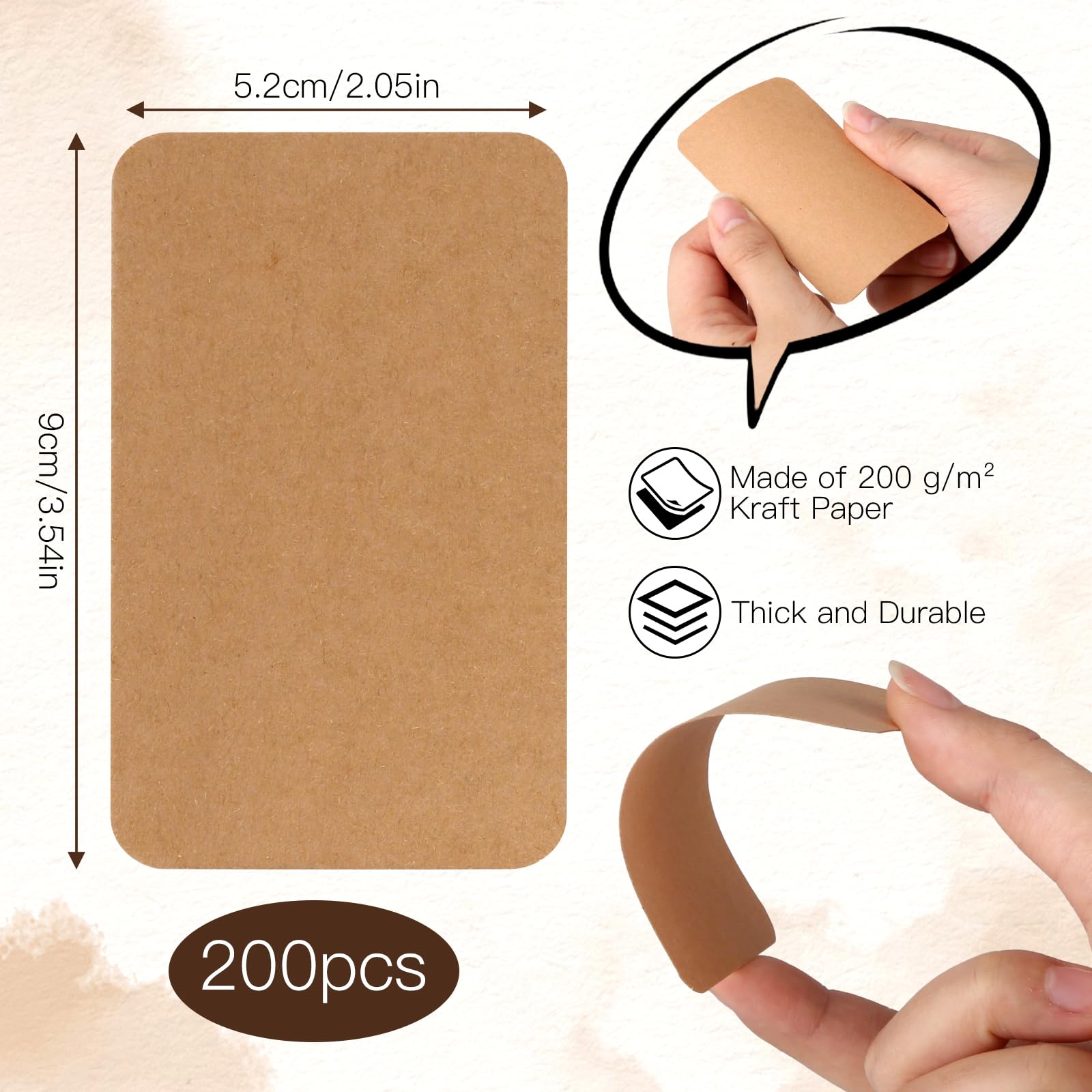 GUOYIHUA Pack of 200 Brown Kraft Paper Cards, 200gsm, 9 x 5.2 cm, Blank, DIY, Greeting, Business, Playing Cards - Image 2