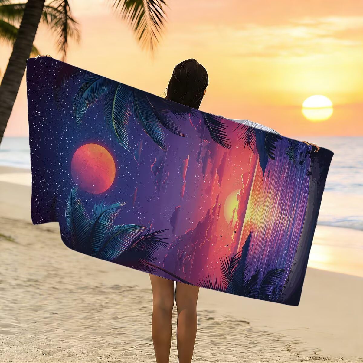 Telo Mare Microfibra, Telo Mare Grande 100x220cm 2 Pezzi, Asciugamano Palestra Donna Asciugatura Rapida, Antisabbia Asciugamano Microfibra, Leggero Asciugamani Palestra per Regalo (Paesaggio) -4378
