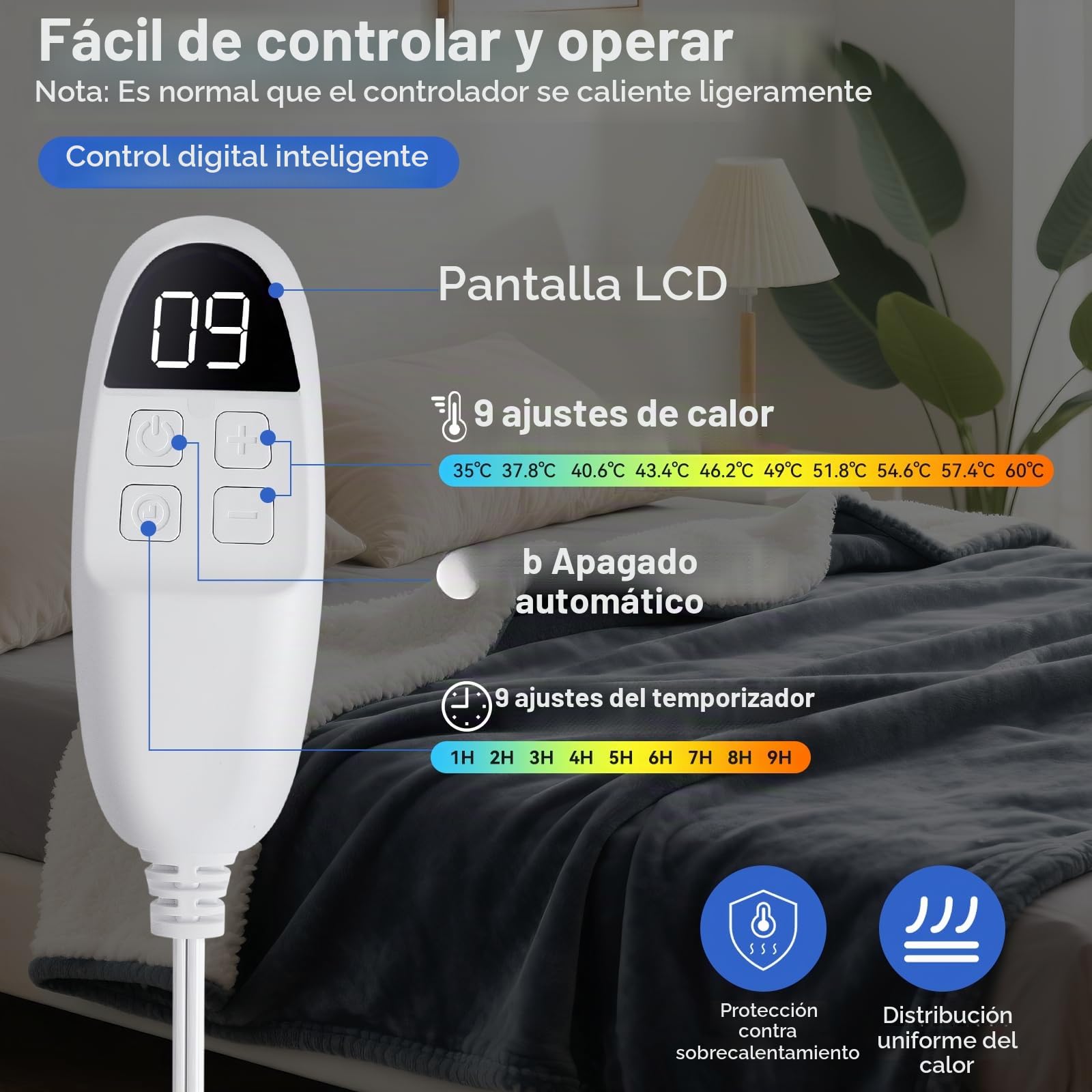 Manta Eléctrica Qoosea 160x130 cm - Apagado Automático 1-9h - 9 Niveles de Calor - Manta Térmica de Felpa Lavable - Protección Sobrec calentamiento - para Cama y Sofá (Gris)