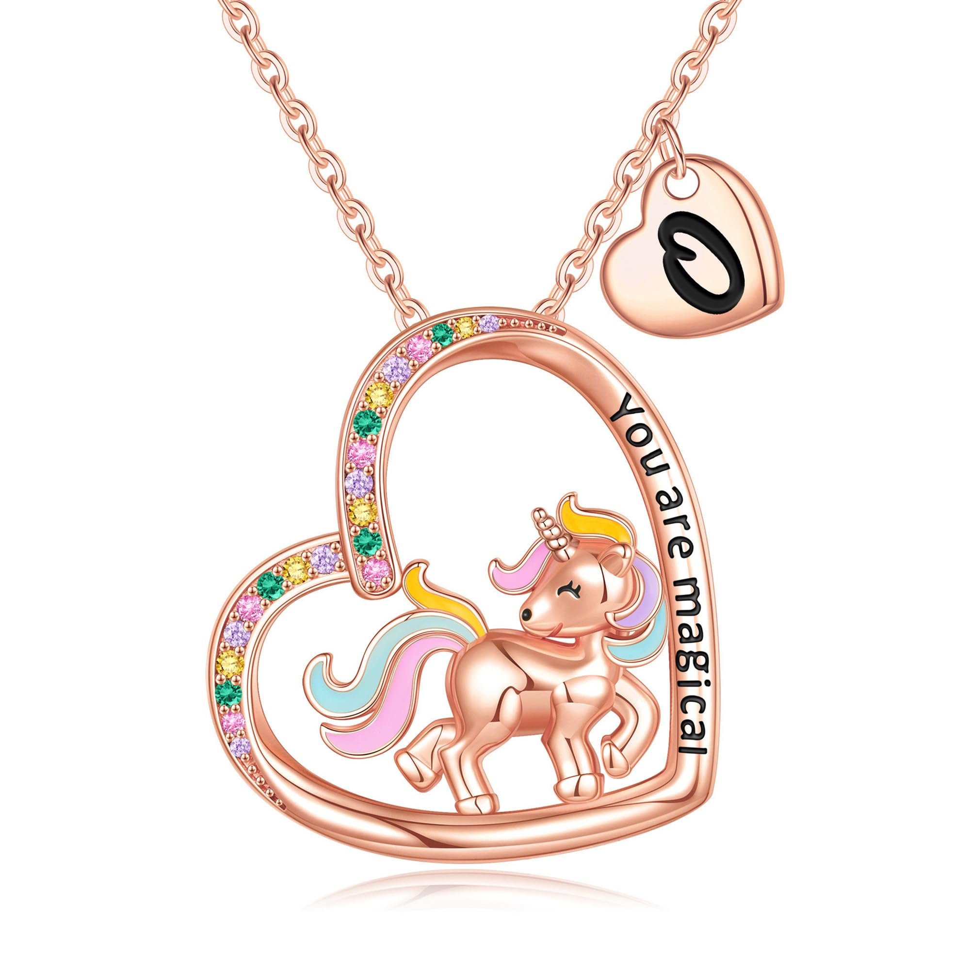 EXQUJEW Valentines Gifts for Kids - Unicorn Necklace for Teen Girls, Colorful CZ Heart Pendant Initial Unicorn Necklaces for Girl Jewelry Birthday