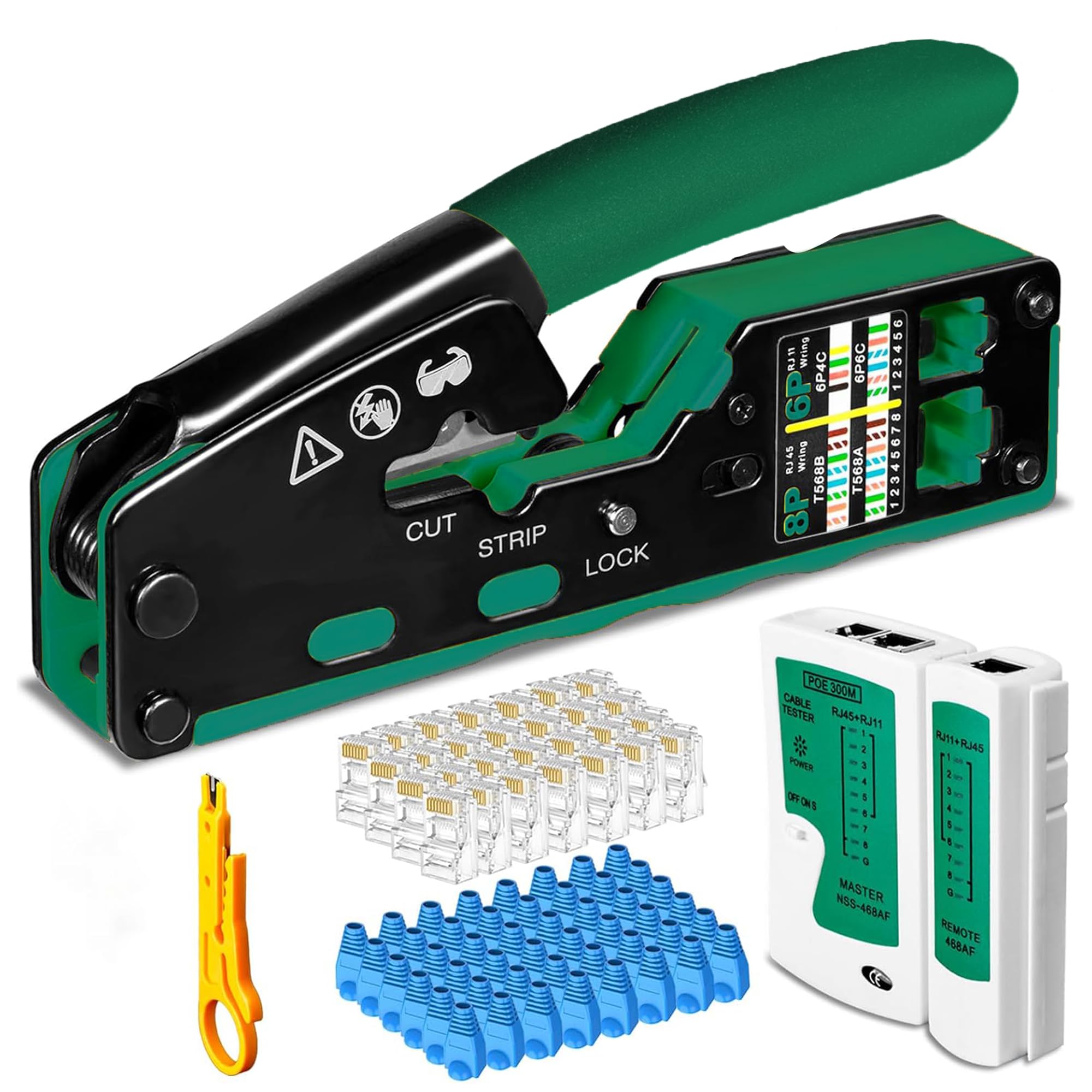 FEDUS RJ45 Crimping Tool Kit, Passthrough Crimping Tool rj45 Crimping machine for Cat8 Cat7 Cat6A Cat6 Cat5E Cat5 Ethernet tool kit, 25PCS Passthrough Connector & Boot Covers, Cut and Strip Tool