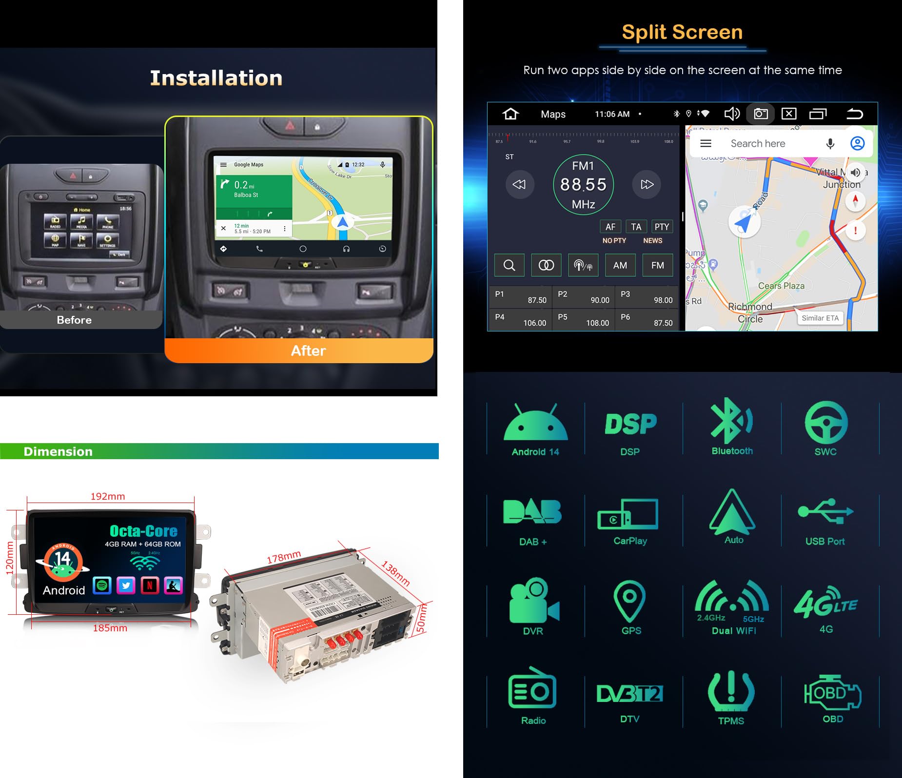 8-Core RAM 4GB 64GB ROM 8 inch Android 14 Car Radio Bluetooth GPS Navigator for Renault Dacia Duster Sandero Dokker Support Wireless Carplay Android Car DSP Bluetooth Wifi DAB TPMS