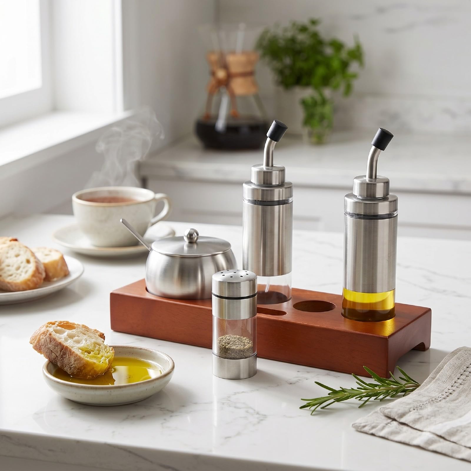 Fockety Salero, Botellas de Condimento con Base de Madera de Roble con Sello Hermético, Azucarero en Polvo con Dispensador de Acero Inoxidable para Sal, Azúcar, Vinagre, Cocina, Mesa de Comedor