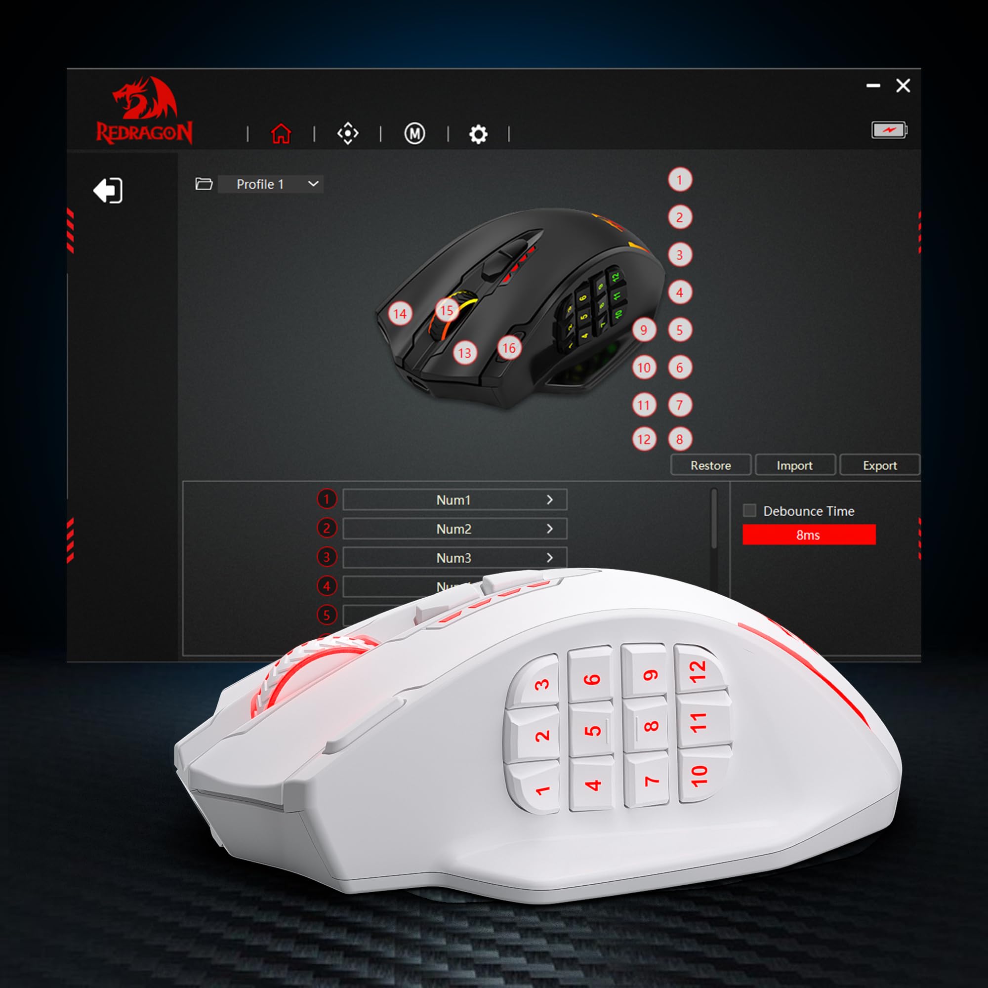 Redragon M913 MAX Ratón MMO Gaming Inalámbrico 26000 dpi 16 Botones Blanco | BT y 2.4G Conexión Software DIY Enlaces Teclas Sensor Preciso Diseño Especial para MMO