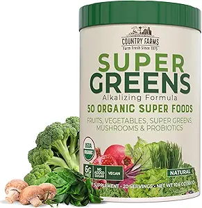 COUNTRY FARMS Organic Super Greens Natural Flavor, 50 Organic Super Foods, Packed with Fiber, USDA Organic Drink Mix, Fruits, Vegetables, Mushrooms & Probiotics, Supports Energy, 6g Fiber
