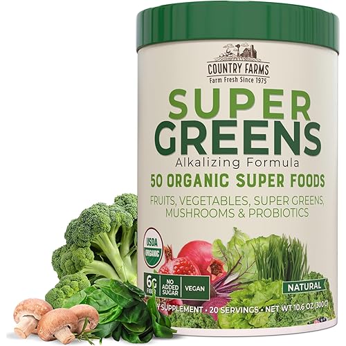 Country Farms Organic Super Greens Natural Flavor, 50 Organic Super Foods, Packed with Fiber, USDA Organic Drink Mix, Fruits, Vegetables, Mushrooms & Probiotics, Supports Energy, 6g Fiber
