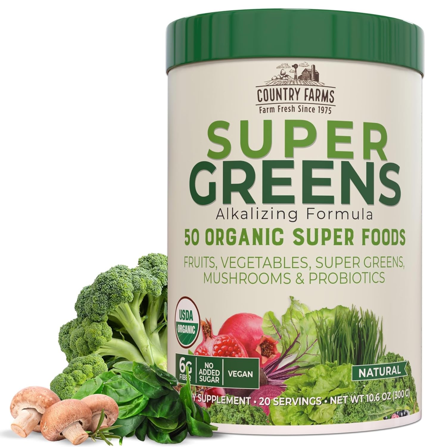 Country Farms Organic Super Greens Natural Flavor 50 Organic Super Foods Packed with Fiber USDA Organic Drink Mix
