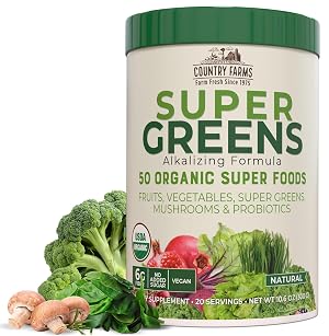 Country Farms Organic Super Greens Natural Flavor 50 Organic Super Foods Packed with Fiber USDA Organic Drink Mix