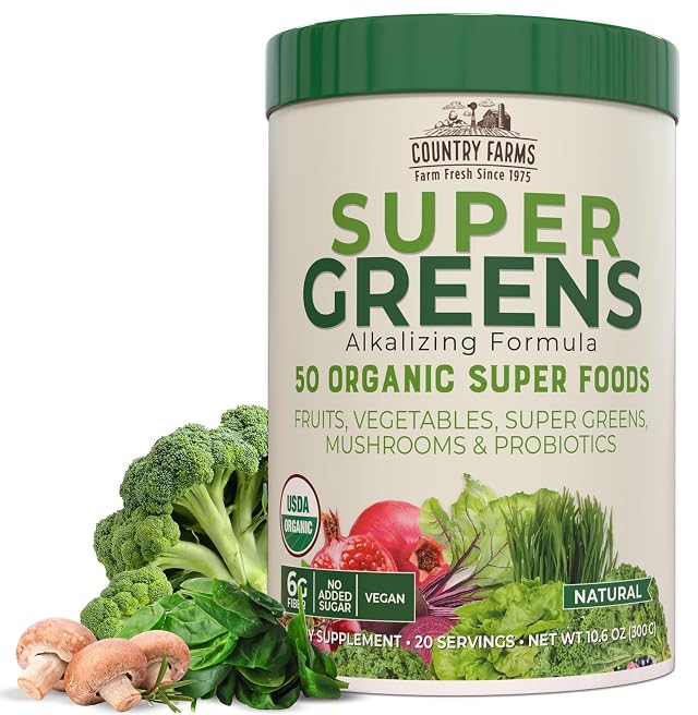 Country Farms Organic Super Greens Natural Flavor 50 Organic Super Foods Packed with Fiber USDA Organic Drink Mix