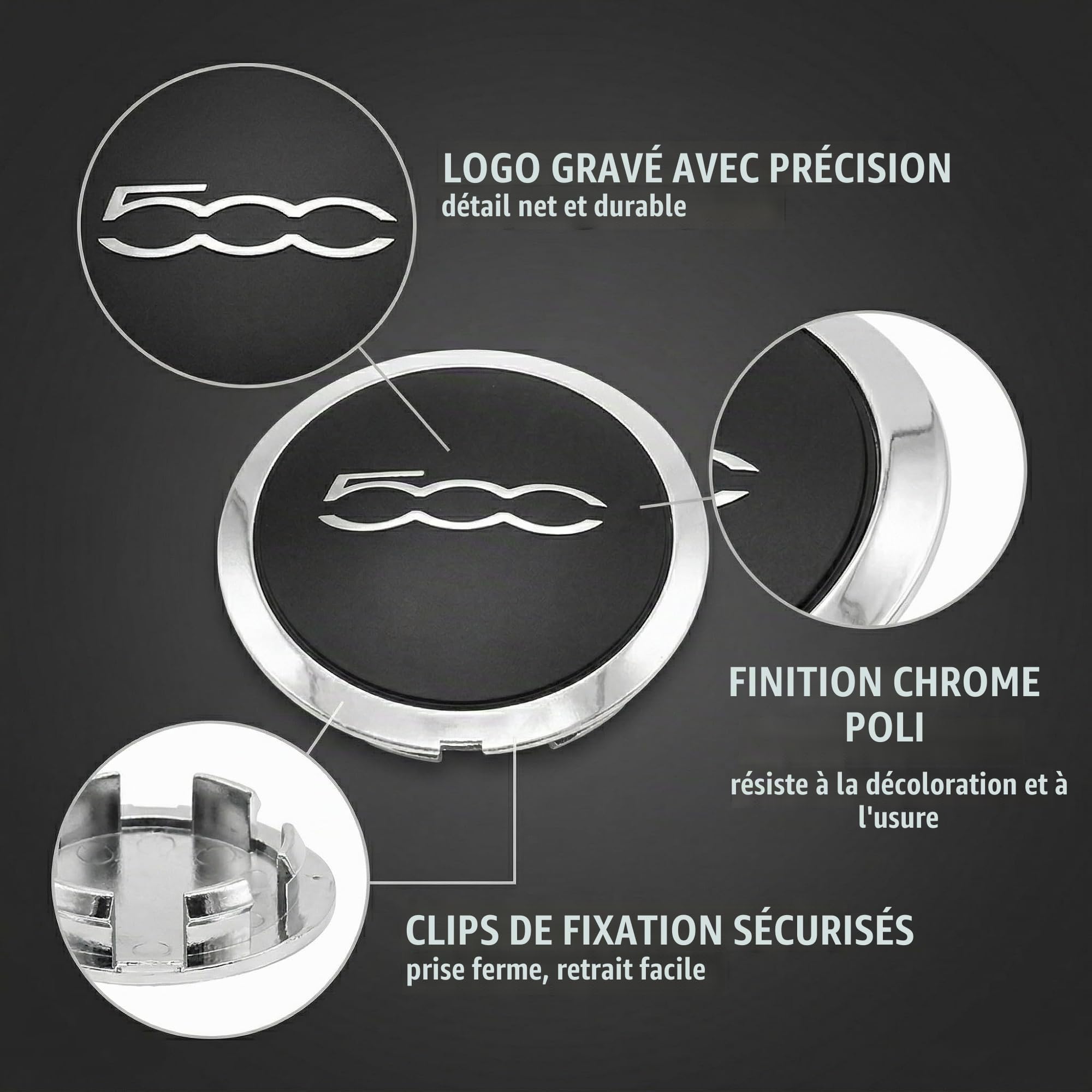 4 Pièces Enjoliveur Pour Fi-At 500, Accessoire Pour Garniture De Capuchon De Roue 500,Remplacement Accessoires De Mise À Niveau De Capuchon De Roue Central(Noir/Argent,B)