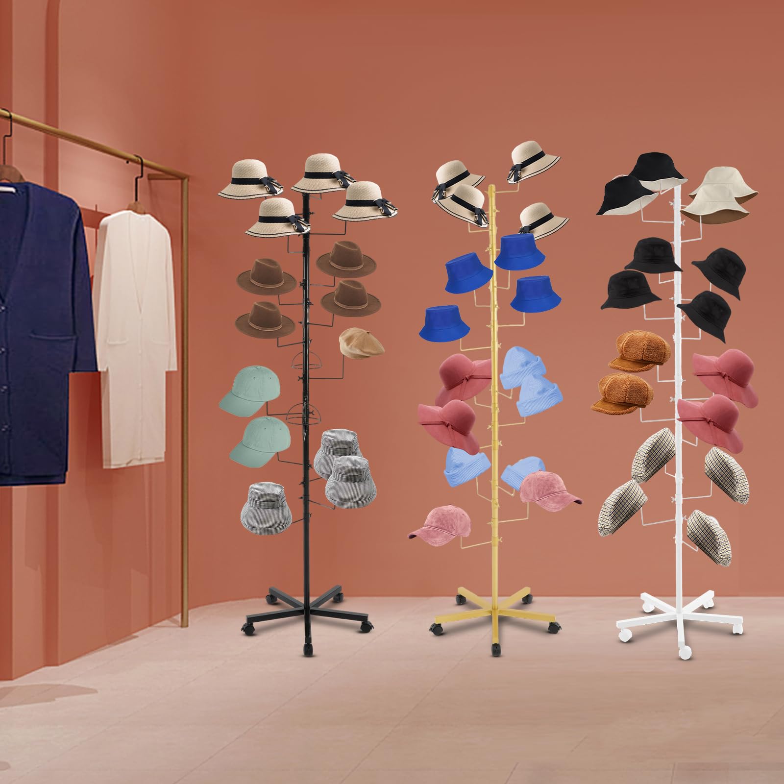 70 In Hat Display Rack Stand with 16 Cap Position, Freestanding Hat Holder Storage Organizer, Floor Stand Display Holder Headwear Retail for Organizing Multiple Hat/Wig Rack (White)