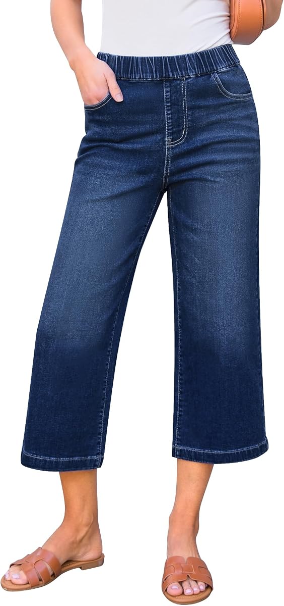 GRAPENT Capri Jeans para mujer, pierna ancha, cintura alta, sin esfuerzo, pantalones elásticos de mezclilla con bolsillos