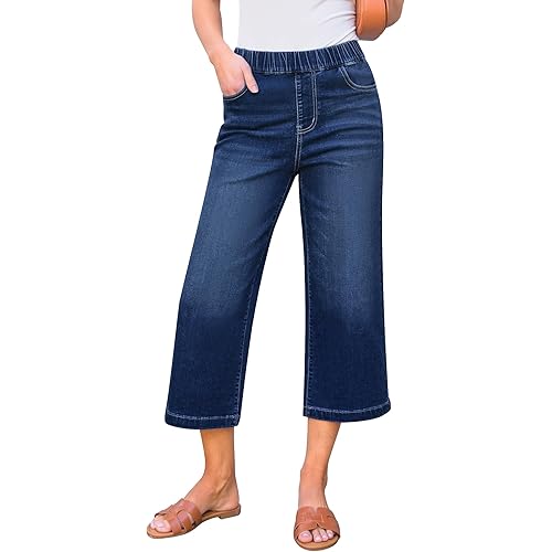 GRAPENT Capri Jeans for Women Wide Leg High Waisted Effortless Flow Pull On Stretchy Denim Elastic Waist Pants with Pockets