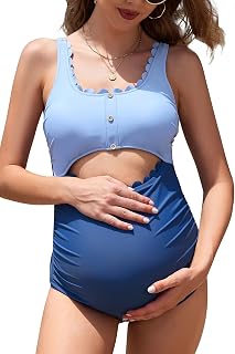Traje de baño de una pieza para maternidad, corte festoneado, traje de baño para embarazo, ajustable, cuello redondo, cómodo traje de baño para mujeres embarazadas