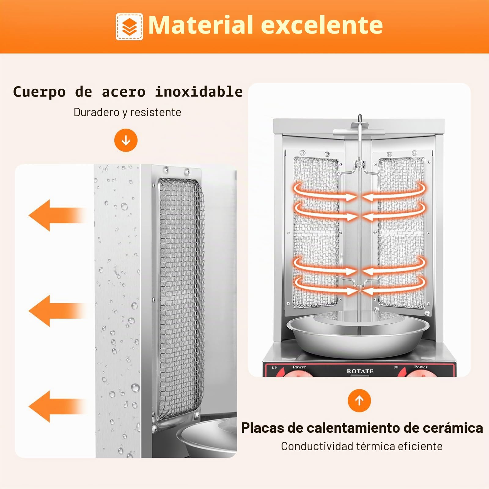 Barbacoa profesional de 3000 W con asador, funciona con GLP (220 V) para asar pollos, pavos, tacos y kebabs | Barbacoa de mesa de acero inoxidable plateada – compacta con asador