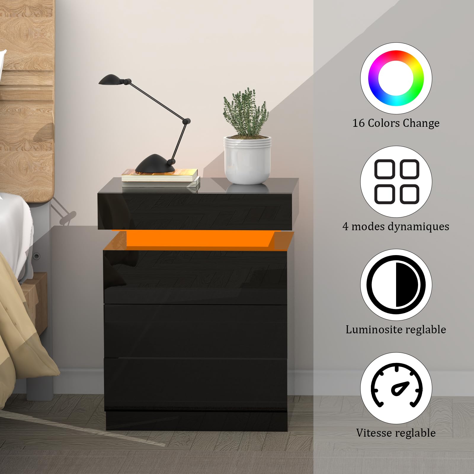 Comodino lucido con luce LED RGB, 3 cassetti, nero comodino in legno, con chiusura a flip-top, per camera da letto, soggiorno(45 x 35 x 61 cm)