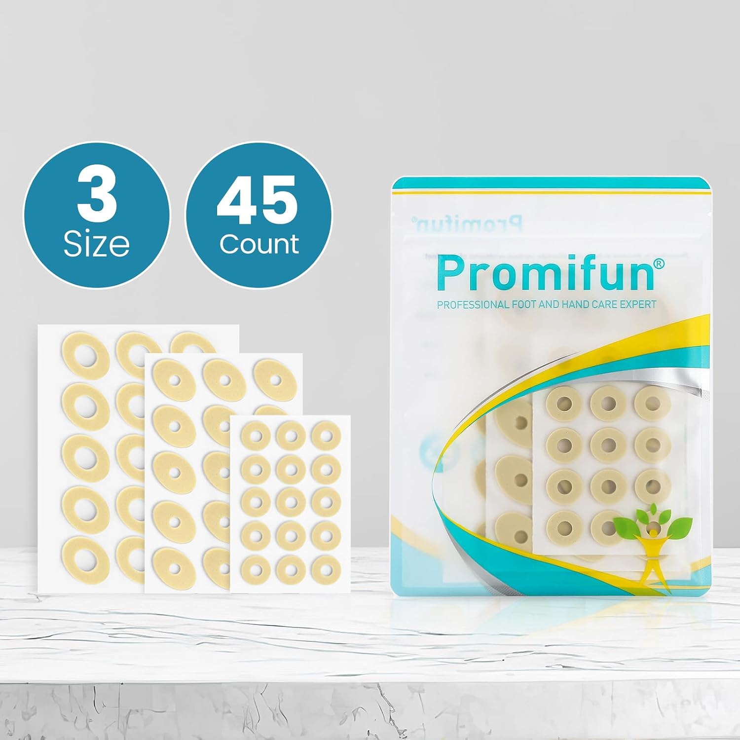 Promifun Corn Cushions for Toes and Feet - Callus Cushions to Protect Sore Spots with Foam Padding - Self-Stick Adhesive Pads - Relief Pain, Pressure and Friction from Shoes (Multi-Size, 45 Count)
