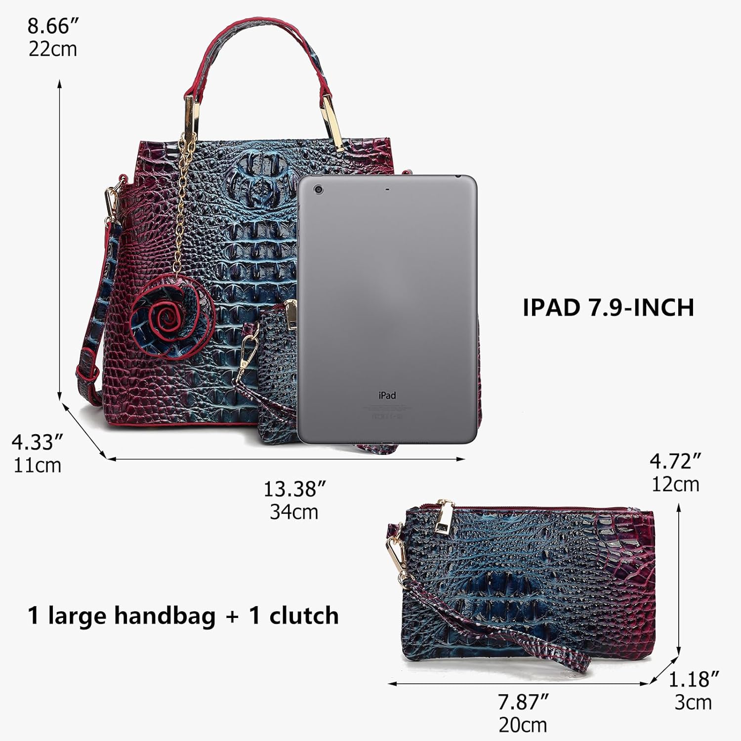 Gradient Tote Bag for Women with Wallet, 2-Piece Crocodile Purse Set, Large Structured Shoulder Bag for Work