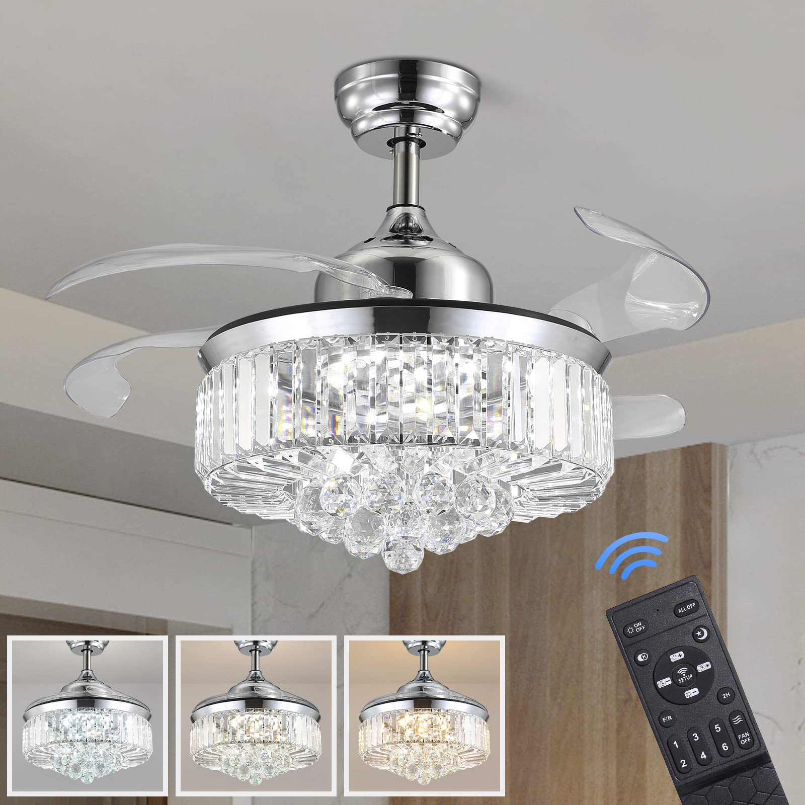 Buy 7PM Crystal Ceiling Fans with Lights Remote Control, 36 Inch Modern