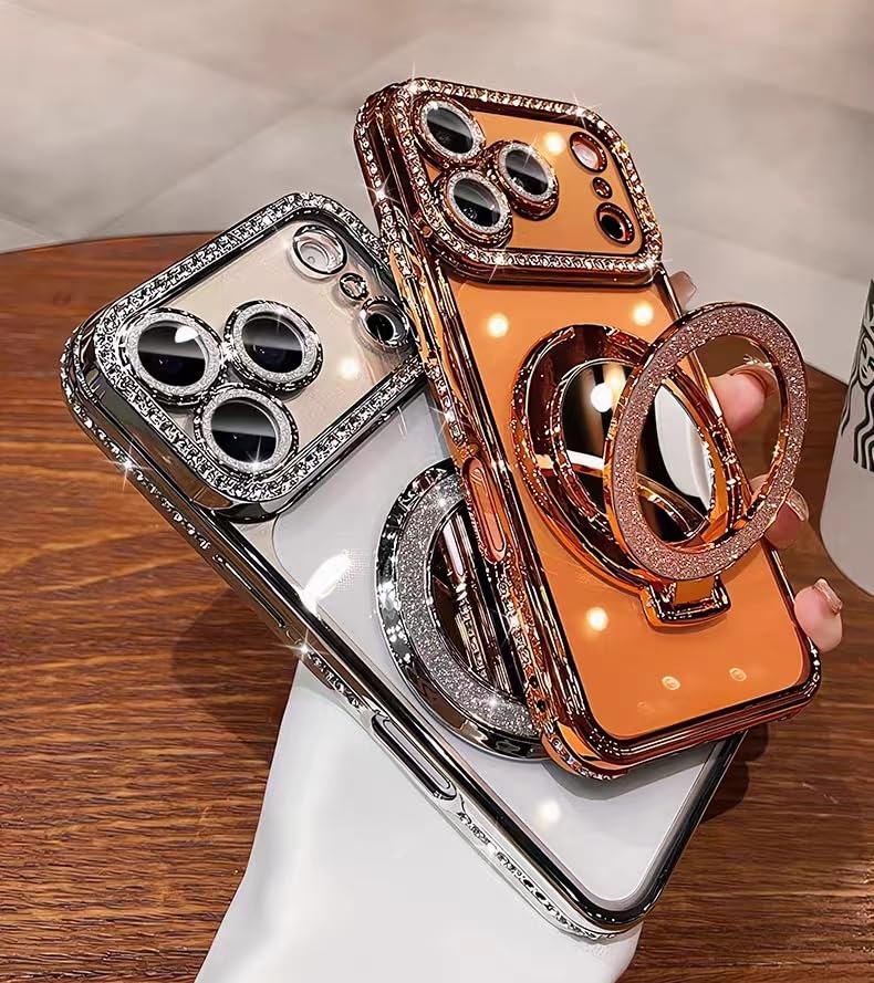 Coque transparente iPhone 17 Pro Max orange paillettes MagSafe avec support antichoc