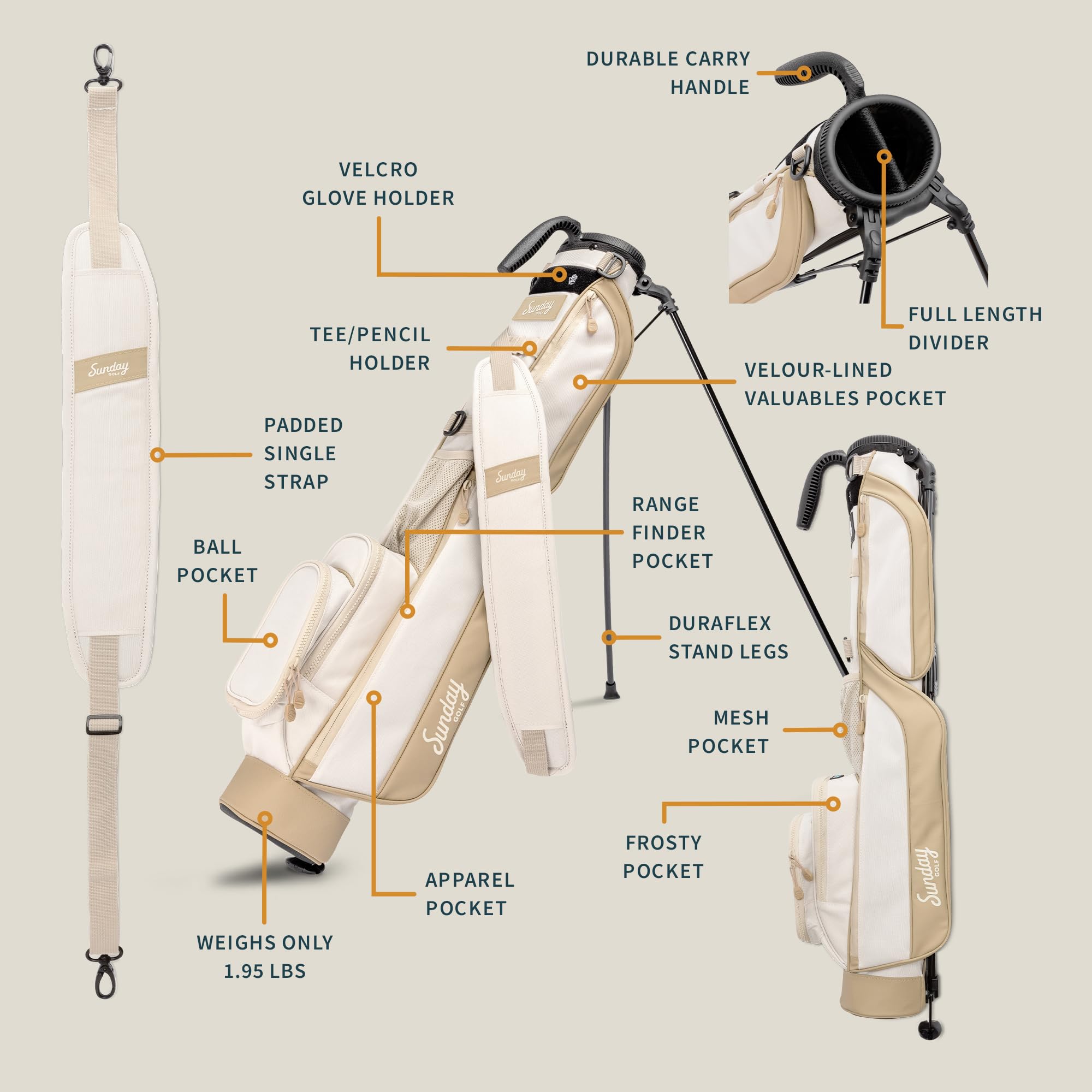 Sunday Golf Loma Bag - Borsa Leggera con Tracolla e Supporto - Borsa da Golf Pitch n Putt Facile da trasportare - Campi Par 3 ed Executive, 31 Pollici di Altezza