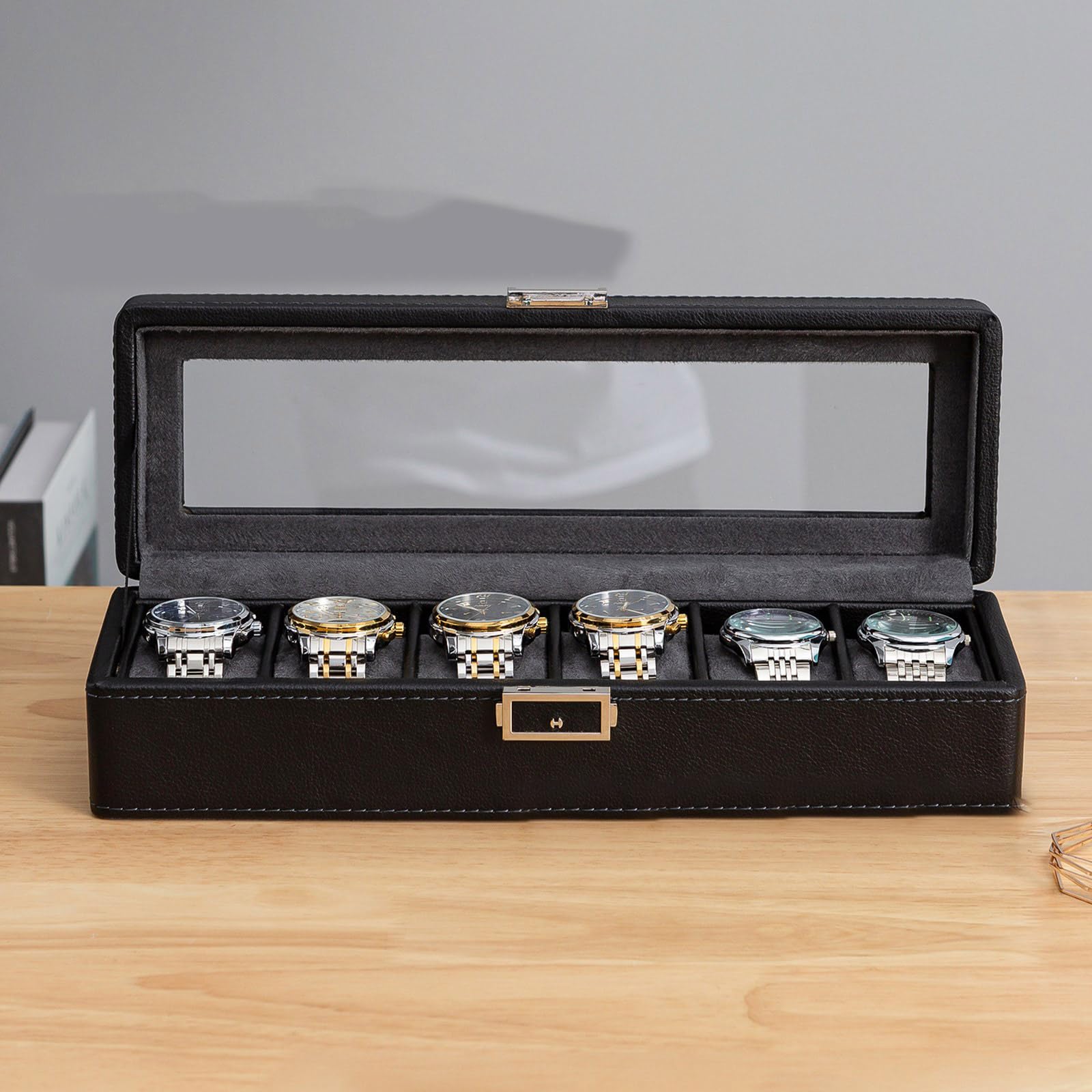 Mehrzweck-Uhrenbox mit stabiler Schublade und Glasdeckel, Vitrine, weiches Mikrovelours-Innenfutter, für den täglichen Gebrauch