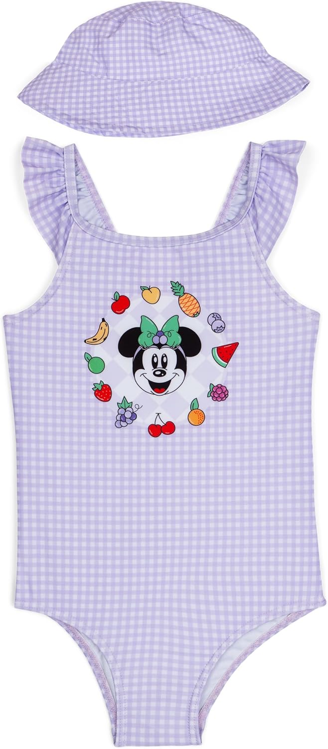 Disney One Piece Bathing Suit and Bucket Sun Hat Swim Set UPF 50+ Infant to Little Kid Sizes (12 Months - 7-8)