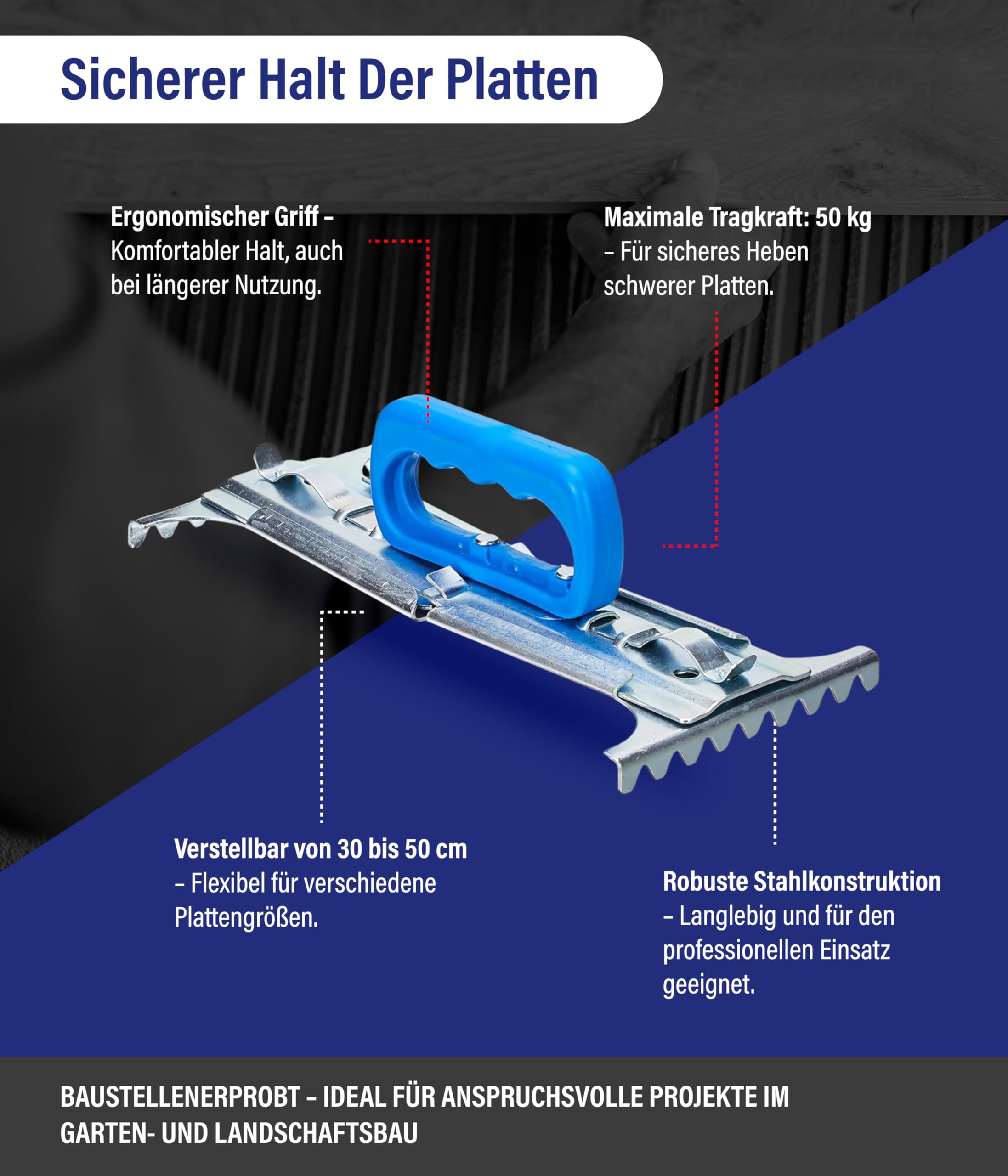 Karl Dahm Plattenkuli I Plattenheber für Platten von 30 bis 50cm I Praktischer Gehwegplatten Heber I Plattenheber Terrassenplatten I Hebehilfe – 10751