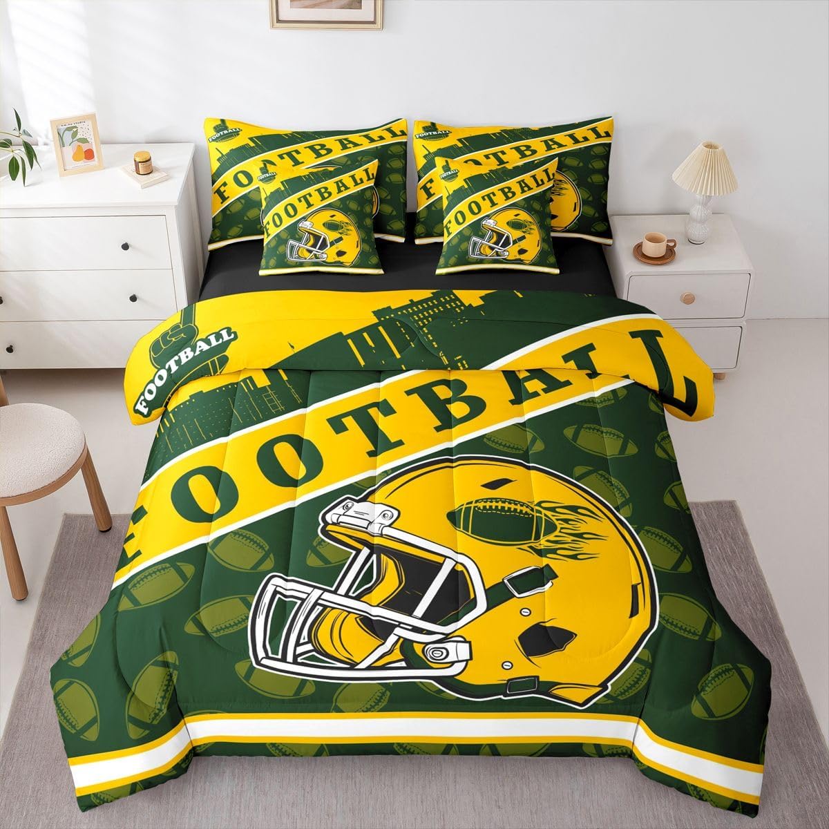 Erosebridal Football Seasonal Helmet Comforter Set with Sheets, Football Bedding for Kids Teens Boys 3D Sports City Silhouette Illustration Bed Set Full for Rugby Sports Fans Gift
