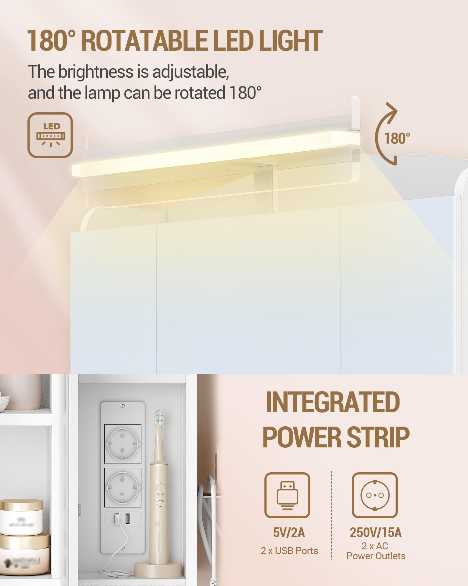 Hzuaneri Specchio Bagno Contenitore, Mobiletto a Specchio con LED e Presa Multipla 2AC+2USB, Porta Asciugacapelli e Ganci, Interruttore e Spina, Ripiani Regolabili, 16,5x70x75cm, Bianco MC00603XEU