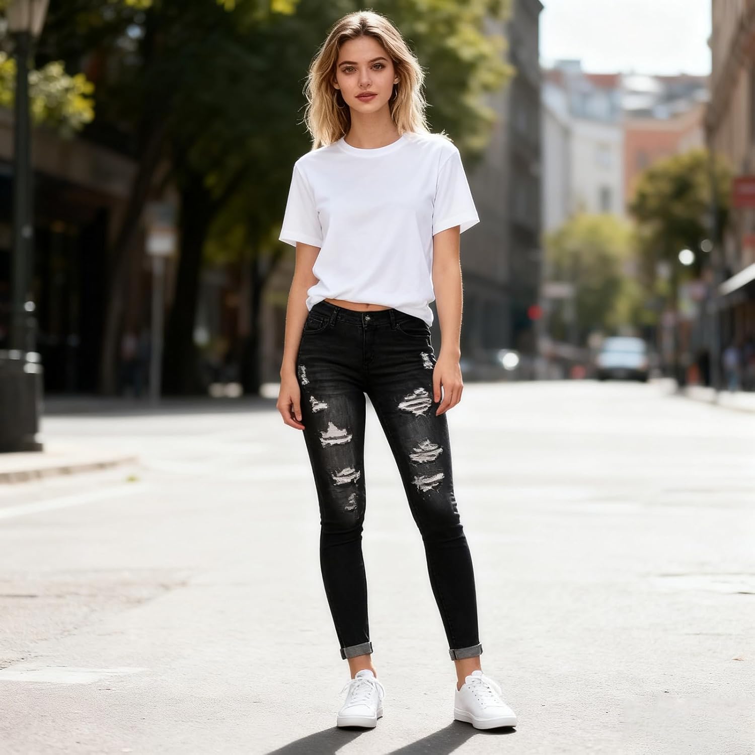 LONGBIDA Women's Stretch Ripped Jeans Skinny Distressed Destroyed Cuffed Denim Pants - Image 3