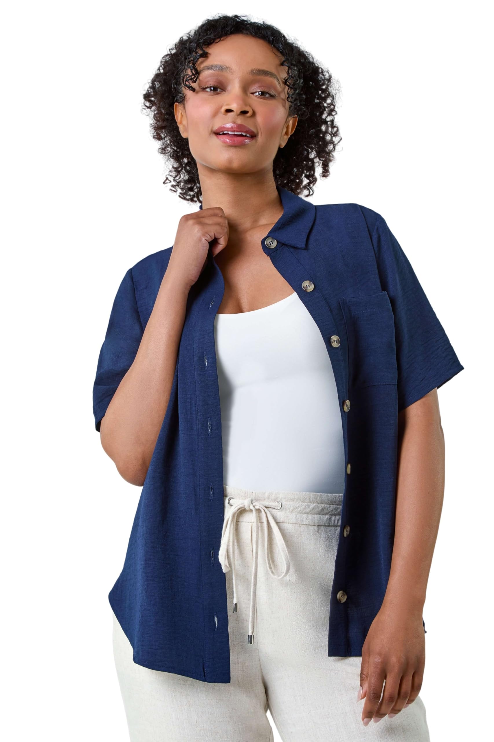 Roman Originals Women's Navy Roman Petite Button Up Pocket Shirt For Uk - Spring Everyday Summer Break Short Sleeve Soft Collar Neckline Comfy Lightweight Cool Blouse Vacation Tops - Size 18 Petite