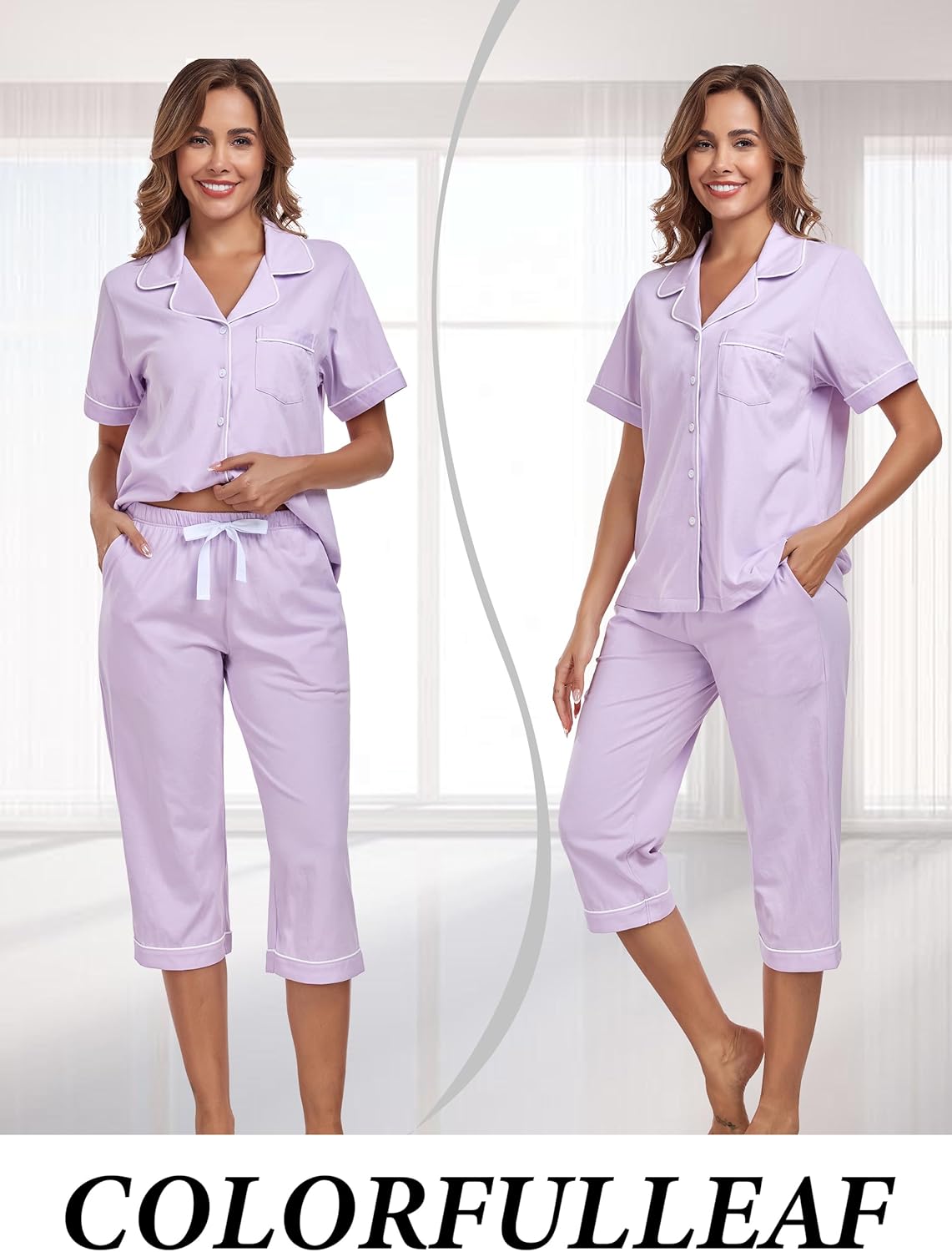 COLORFULLEAF 100% Cotton Women's Pajama Sets Short Sleeve Capri Pajamas for Women Set Button Down Pjs Soft Sleepwear Summer - Image 3