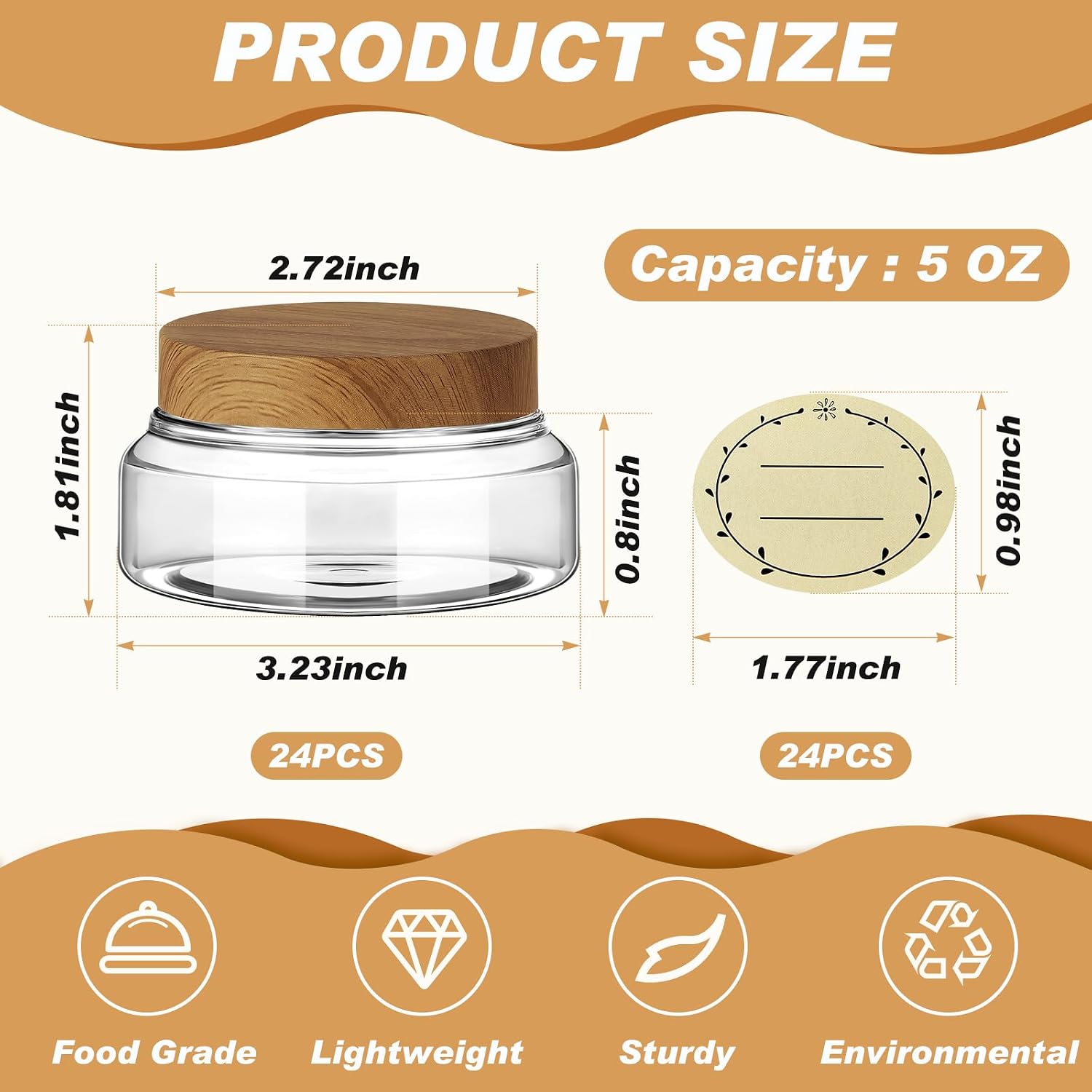 Tessco for you 24 Pack Plastic Jars with Lids Label,5 oz,Clear,Dark Beech image 2