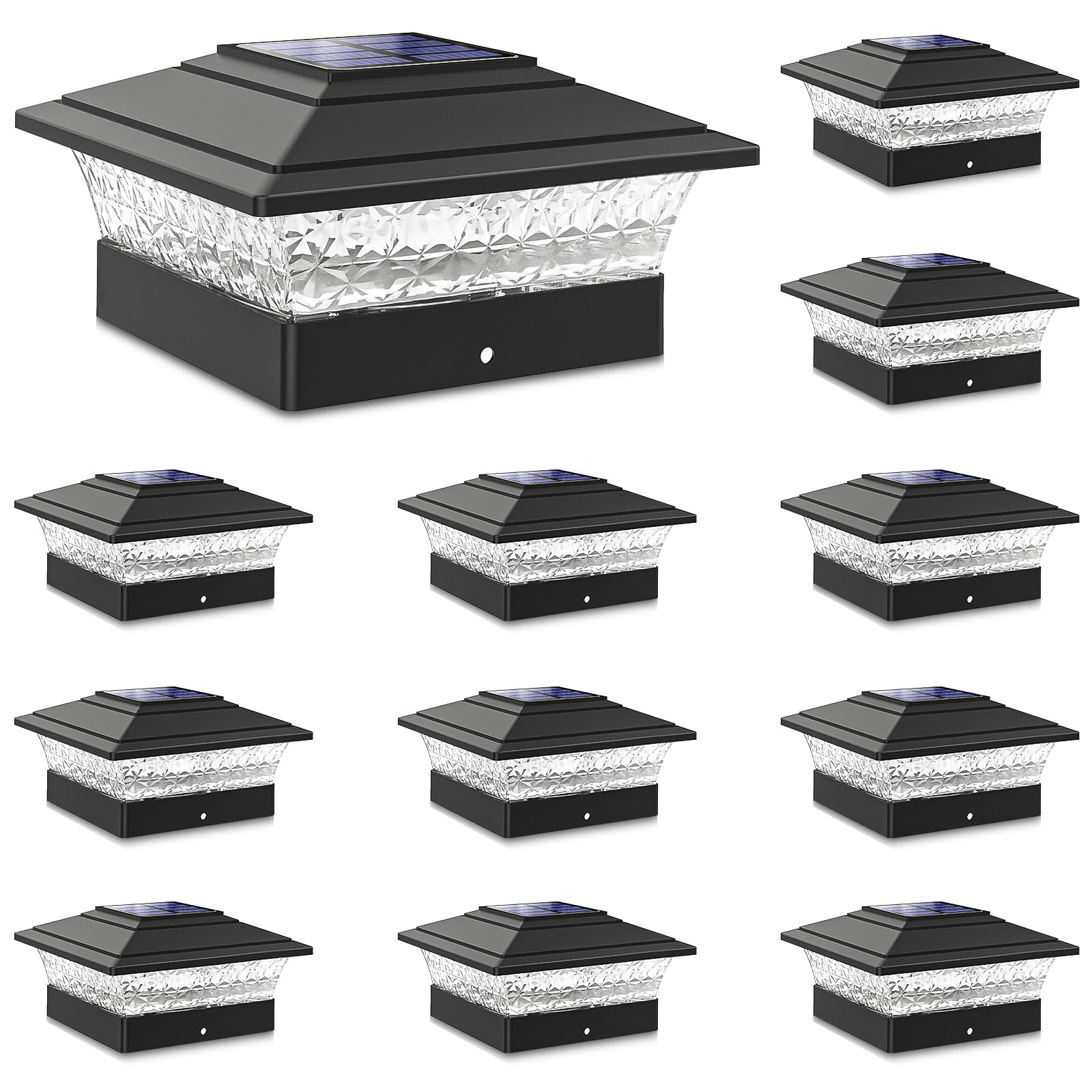 Solar Post Cap Lights Outdoor 12pack, Waterproof Fence Post Lights with 16 Ultra Bright LEDs Fit 4x4 Wood/Vinyl Posts, Black Deck Post Lights with Warm/Cool White for Garden Patio Porch Yard