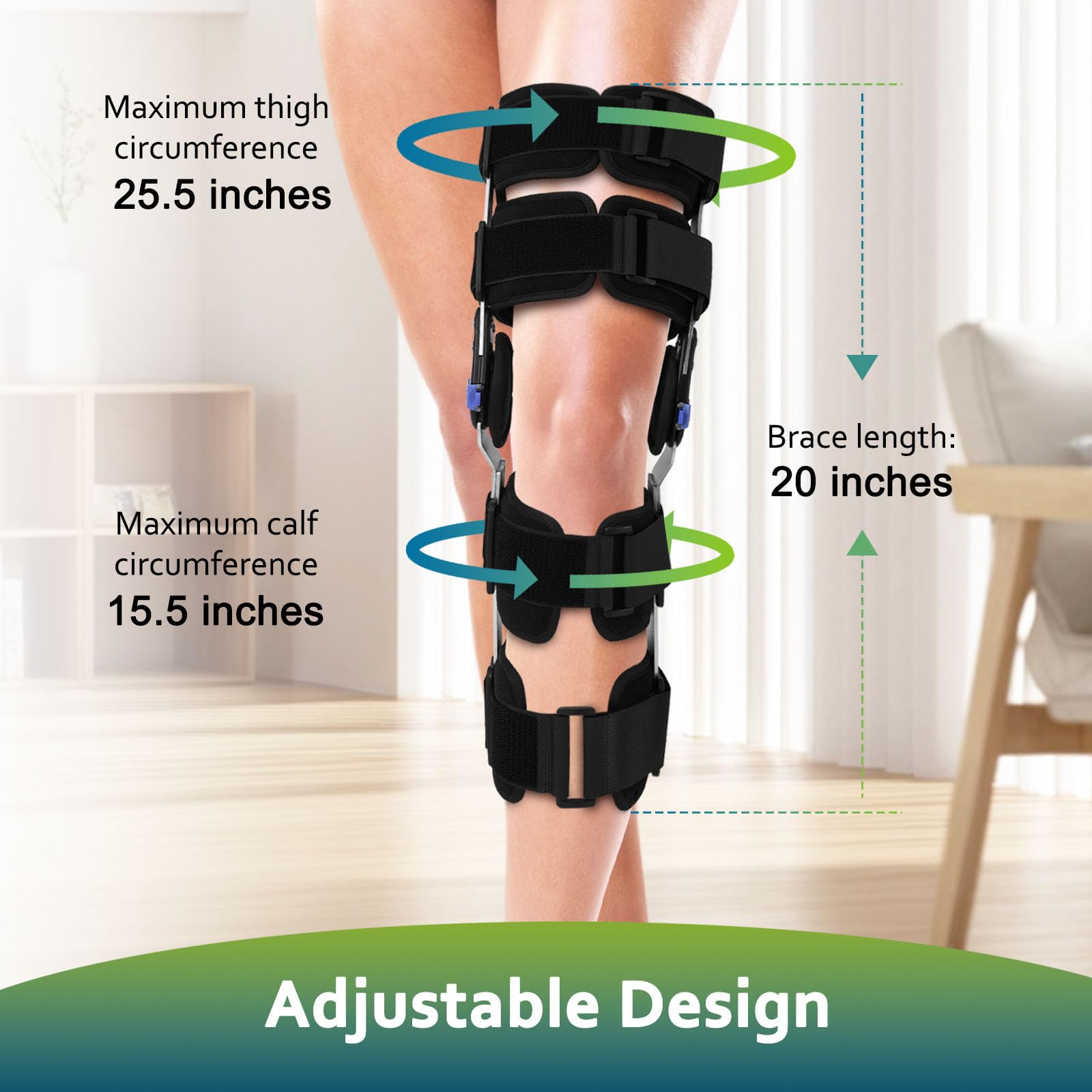 Rodillera ajustable, ROM estable, fijación de rodilla ajustable, inmovilizador de rodilla ajustable con estabilizadores laterales de pierna (altura recomendada: mínimo 160 cm)